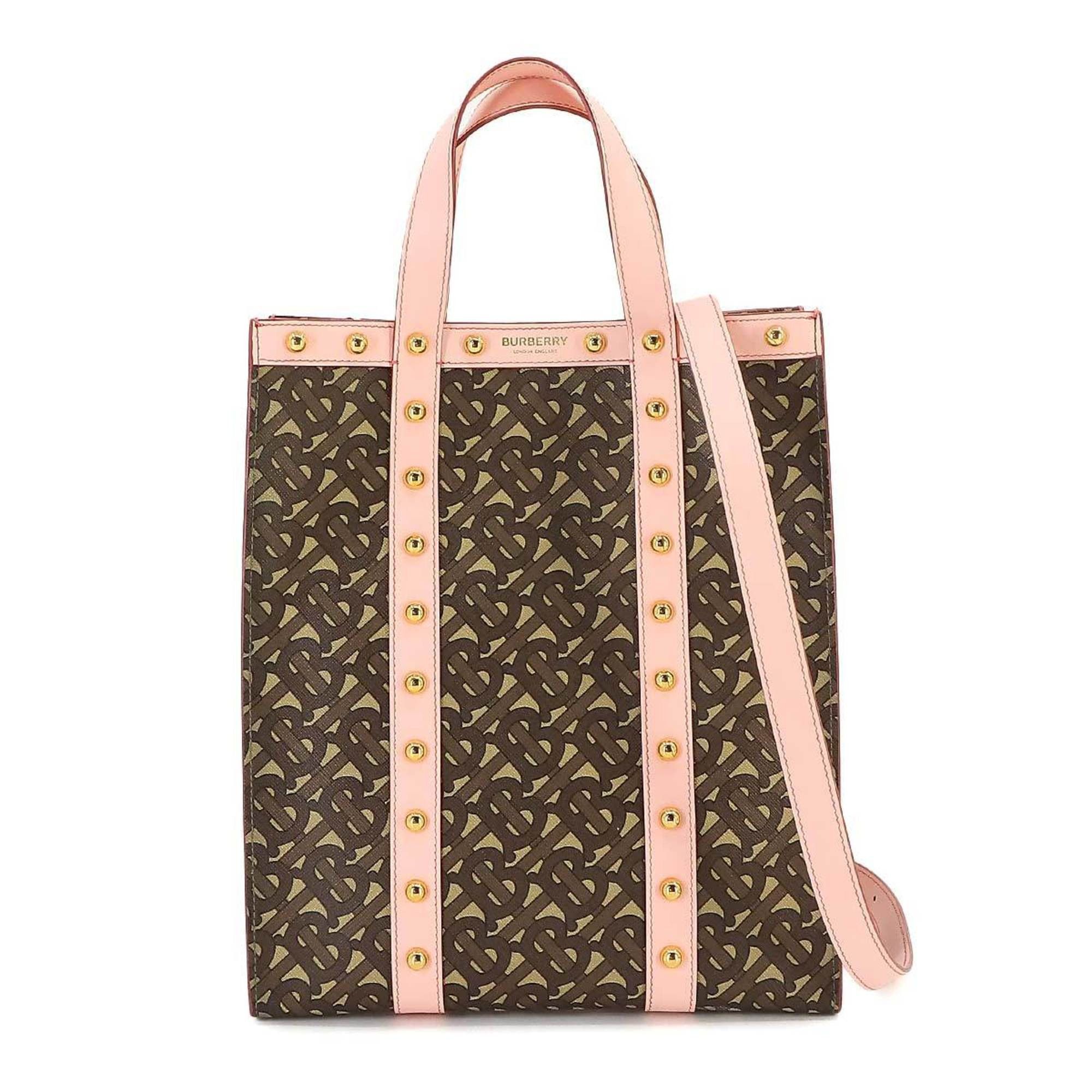 image of Burberry Tb Monogram 2Way Tote Shoulder Bag Pvc Leather Brown Pink 8025078, Women's