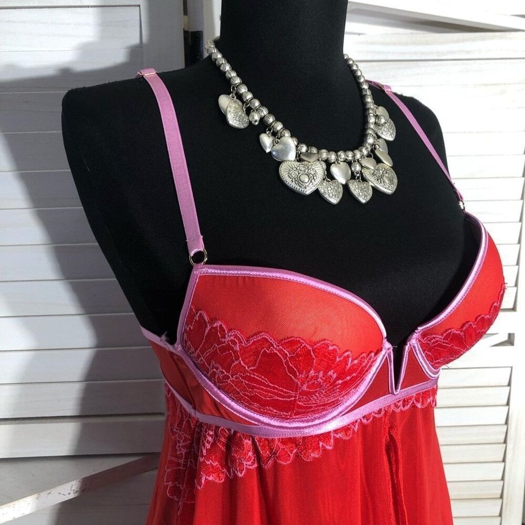 Vintage Auden Intimates Babydoll Padded bra Sheer Lace Mesh Red sz S Size ONE SIZE - 7 Thumbnail