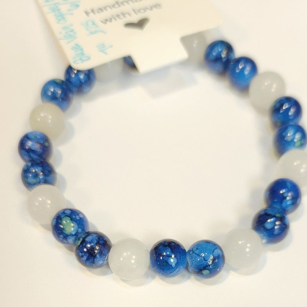 Handmade Natural Crystal Blue Vein & Clear Quartz Beaded Bracelet 7" Size ONE SIZE - 2 Thumbnail