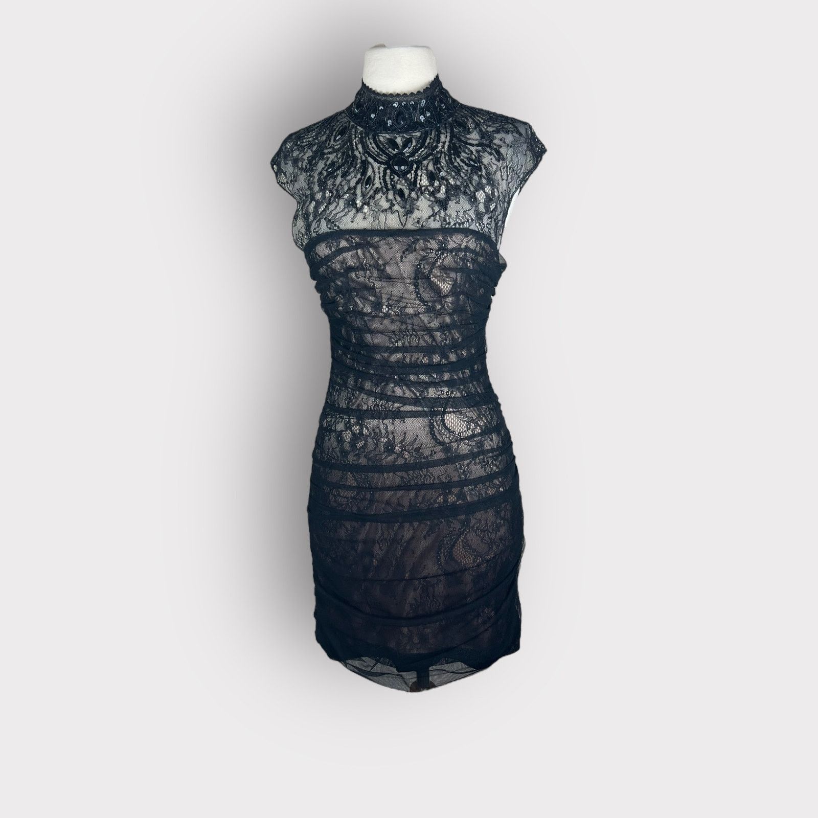 Vintage Bebe | Vintage Y2K Black Lace Cocktail High Neck Mini Dress Size S / US 4 / IT 40 - 2 Thumbnail