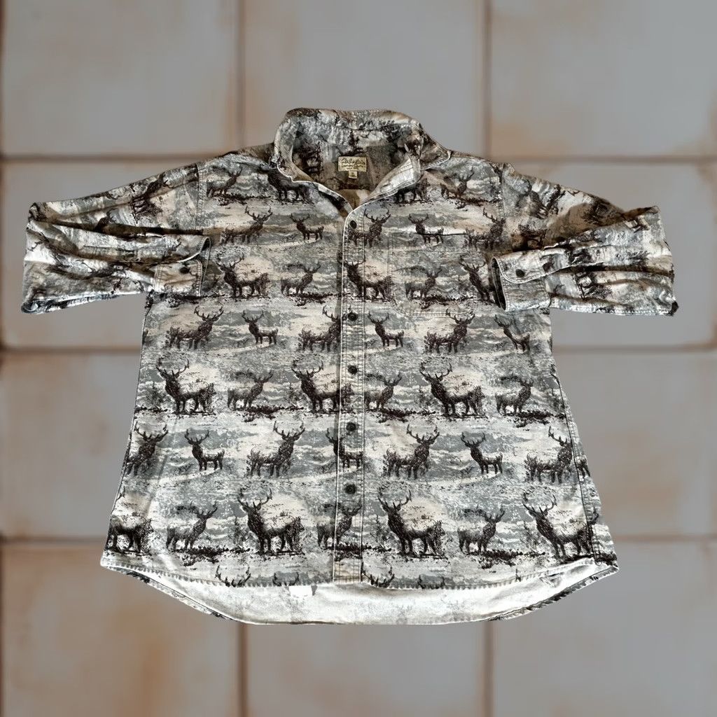 Vintage Cabela's Deerskin Soft Chamois Shirt Mens XLT Long Sleeve Button-Up Print Deer Graphic Casual Fall Hunting Outdoors Gray/Beige 100% Cotton Size US XL / EU 56 / 4 - 1 Thumbnail