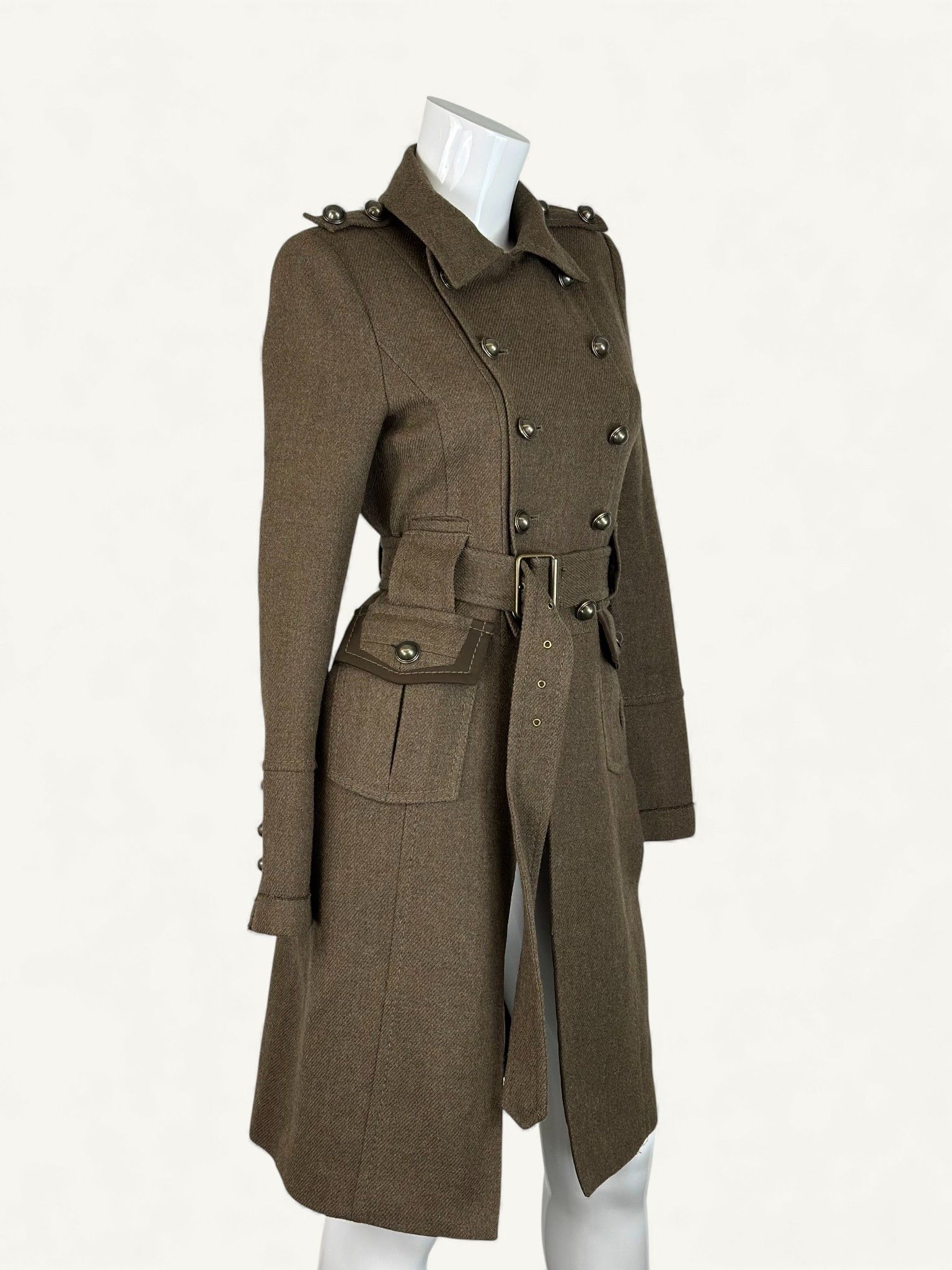 Bcbgmaxazria Wool Military Trench Coat Brown Belted Size XS / US 0-2 / IT 36-38 - 2 Thumbnail
