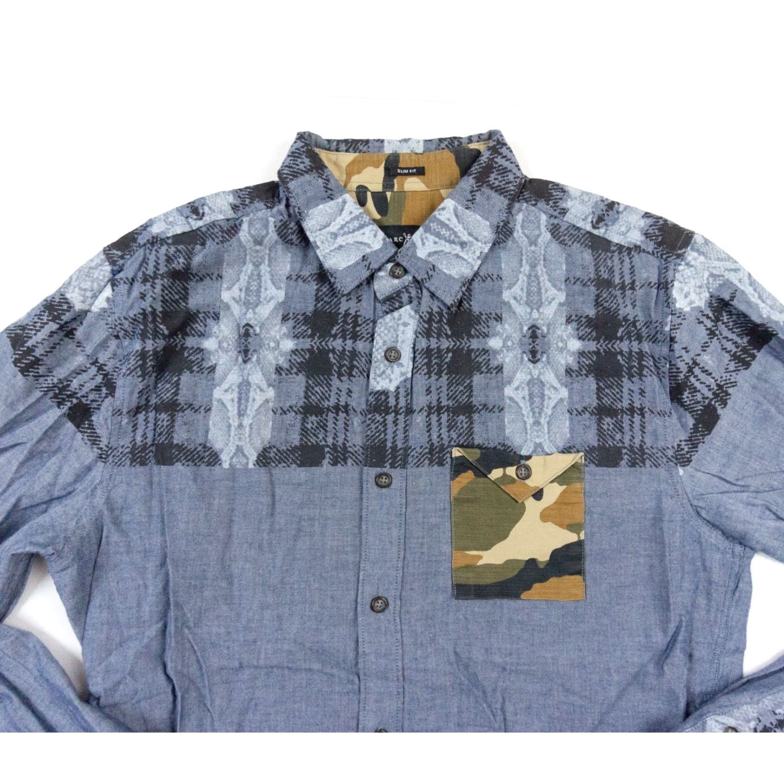 Marcs Marc Ecko Mens Medium Blue Slim Fit Button-Up Long Sleeve Shirt Camo Pocket Size US M / EU 48-50 / 2 - 2 Thumbnail