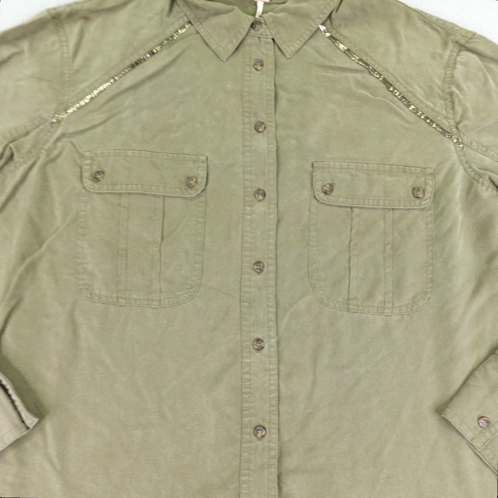 Free People VINTAGE Free People Button-Up Shirt Womens Small Green Long Sleeve Collared Casual Top Size S / US 4 / IT 40 - 3 Thumbnail