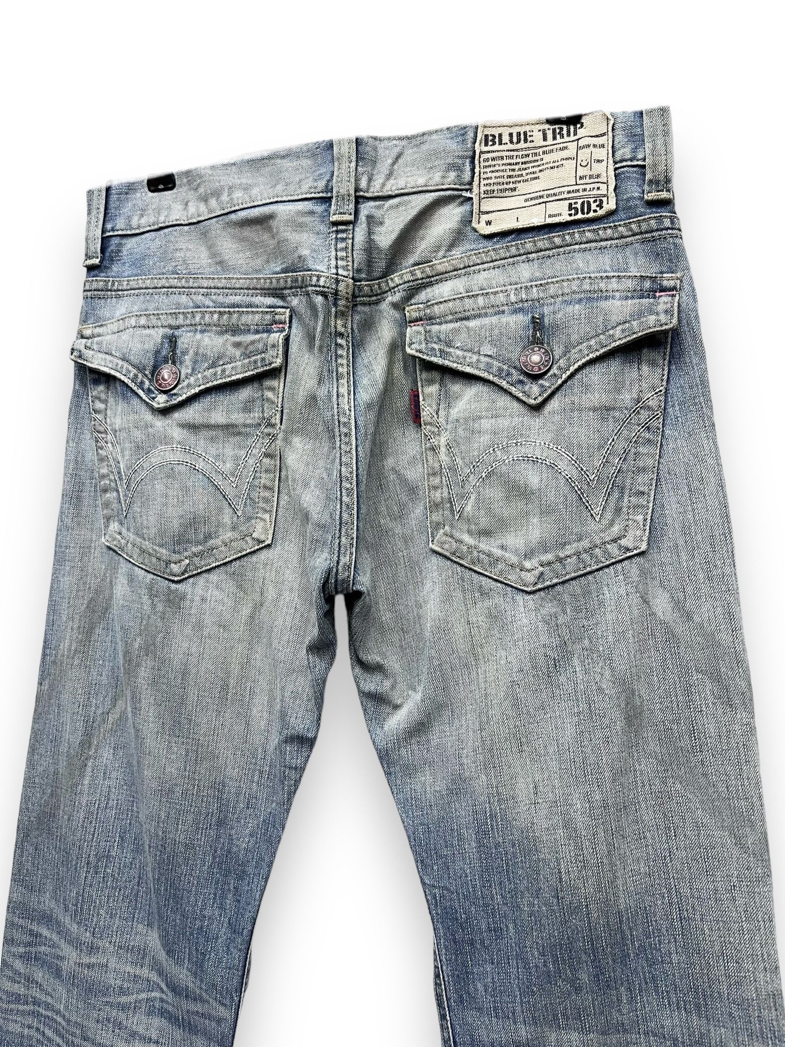 Edwin FYE🔥EDWIN BLUE TRIP Ripped Thrashed Blow Out Flared Denim Size US 31 - 13 Thumbnail