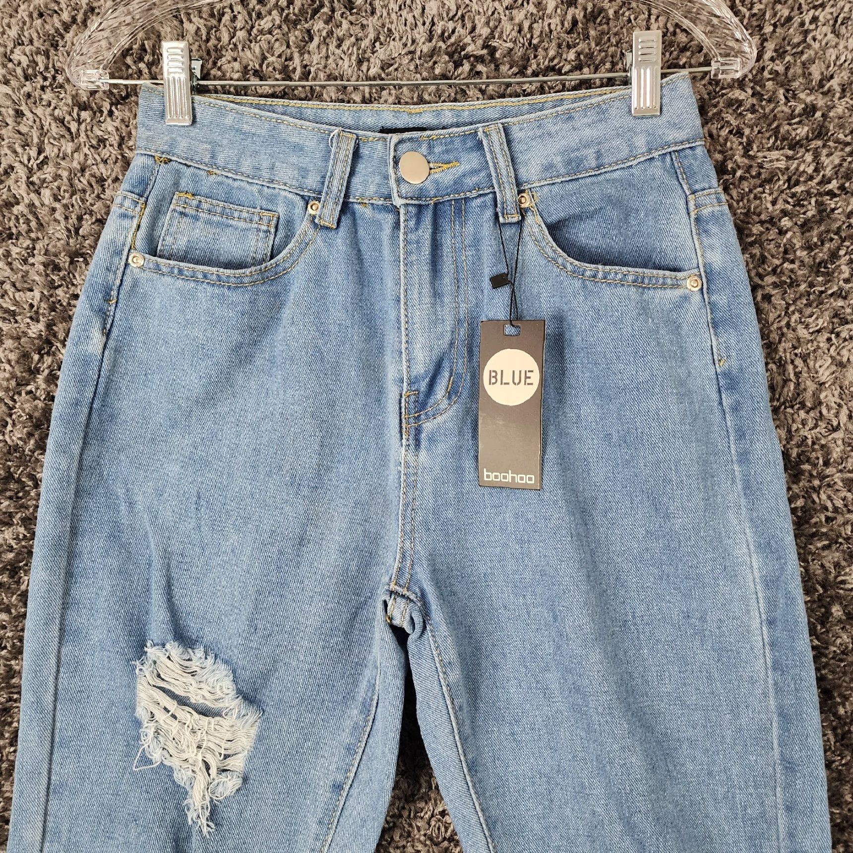 Boohoo Boohoo Petite Blue Distressed Boyfriend High Rise Jeans Size 6 Womens Size 28" / US 6 / IT 42 - 2 Thumbnail