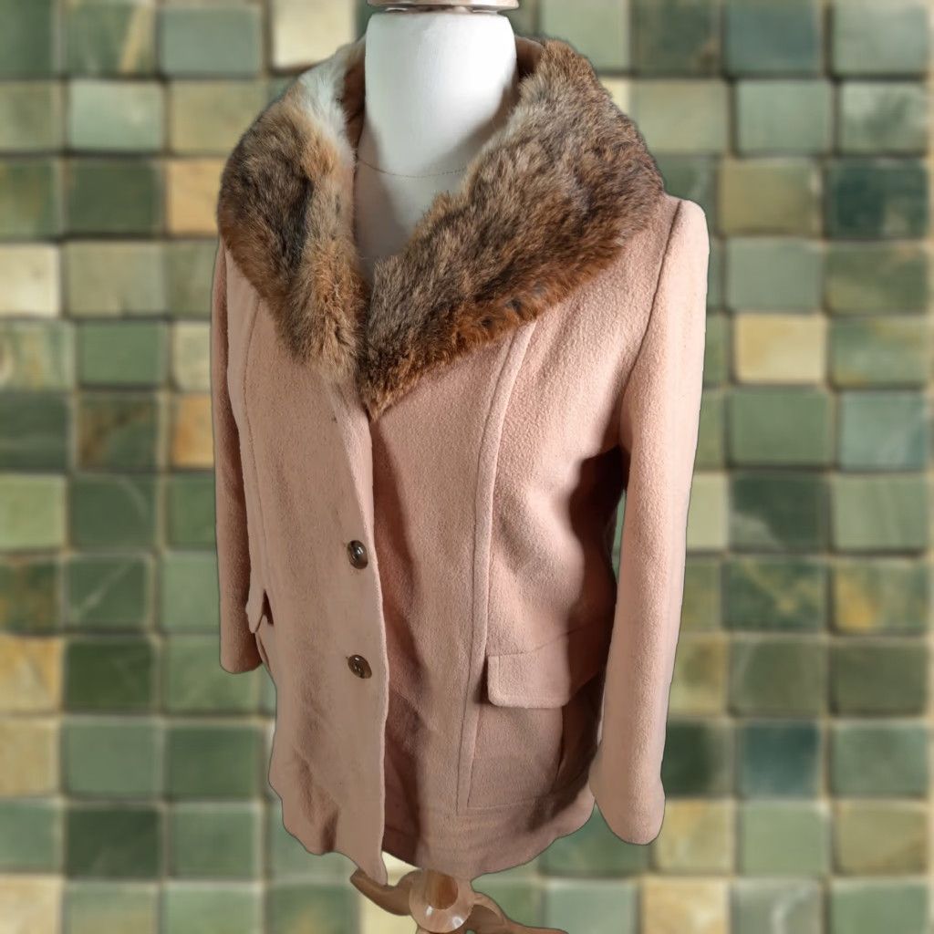 Vintage Vtg 60s Noble Fashions Wool Blend Fur Collar Pea Trench Coat Large 14/16 Beige Women's Coat Size L / US 10 / IT 46 - 1 Thumbnail