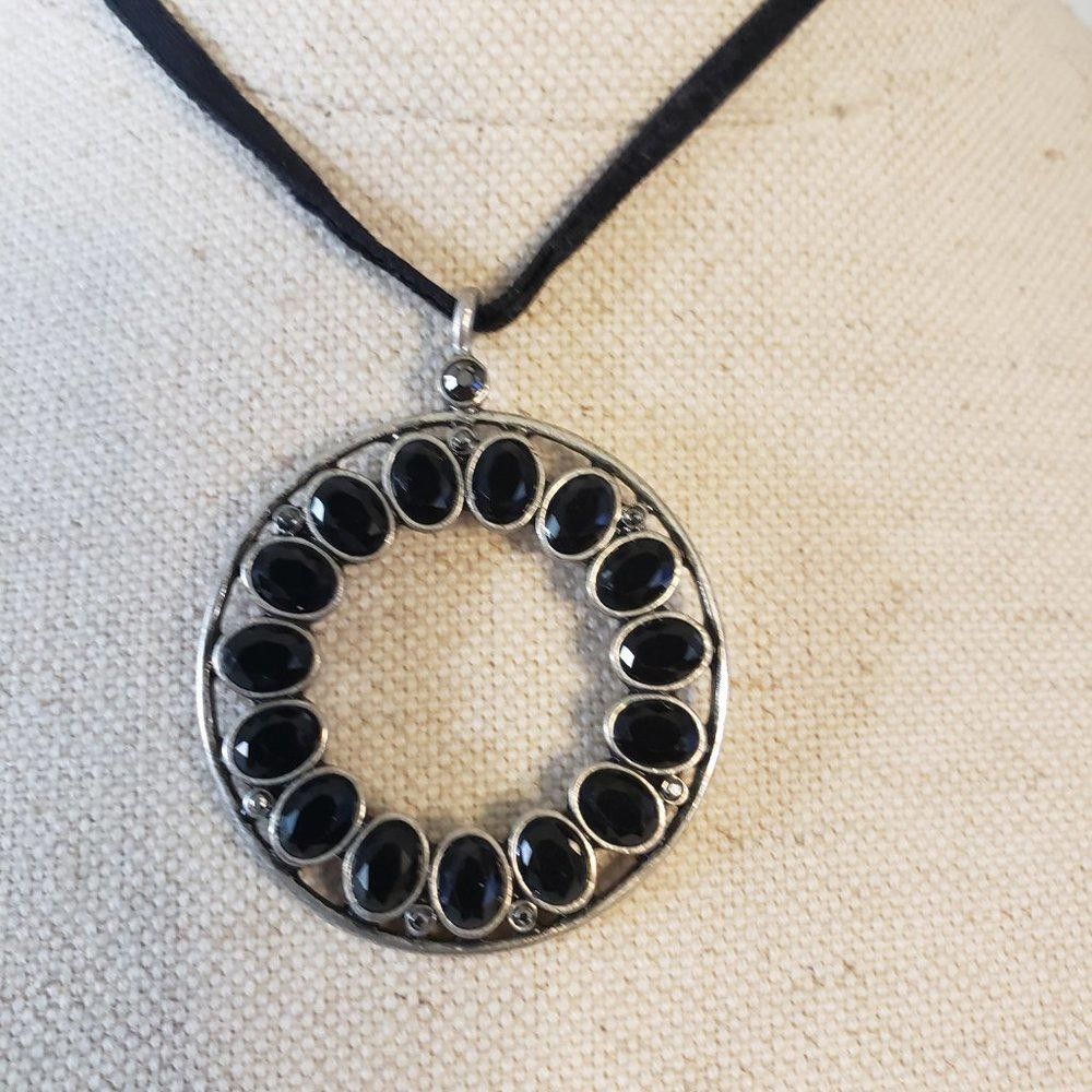 Designer Black Crystal Circular Silver Tone Necklace 18" Size ONE SIZE - 2 Thumbnail