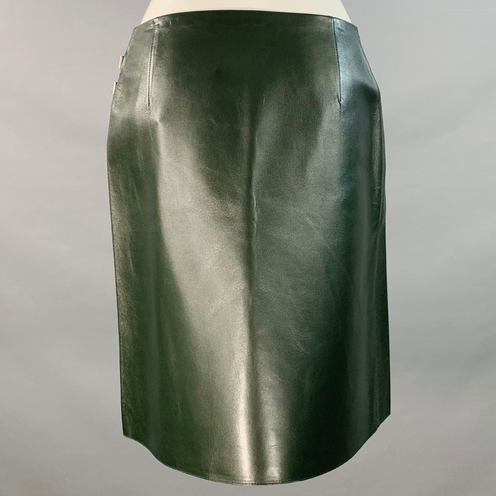 Ralph Lauren Kyler Green Moss Leather Lambskin Buckle Mini Skirt Size 27" / US 4 / IT 40 - 3 Thumbnail