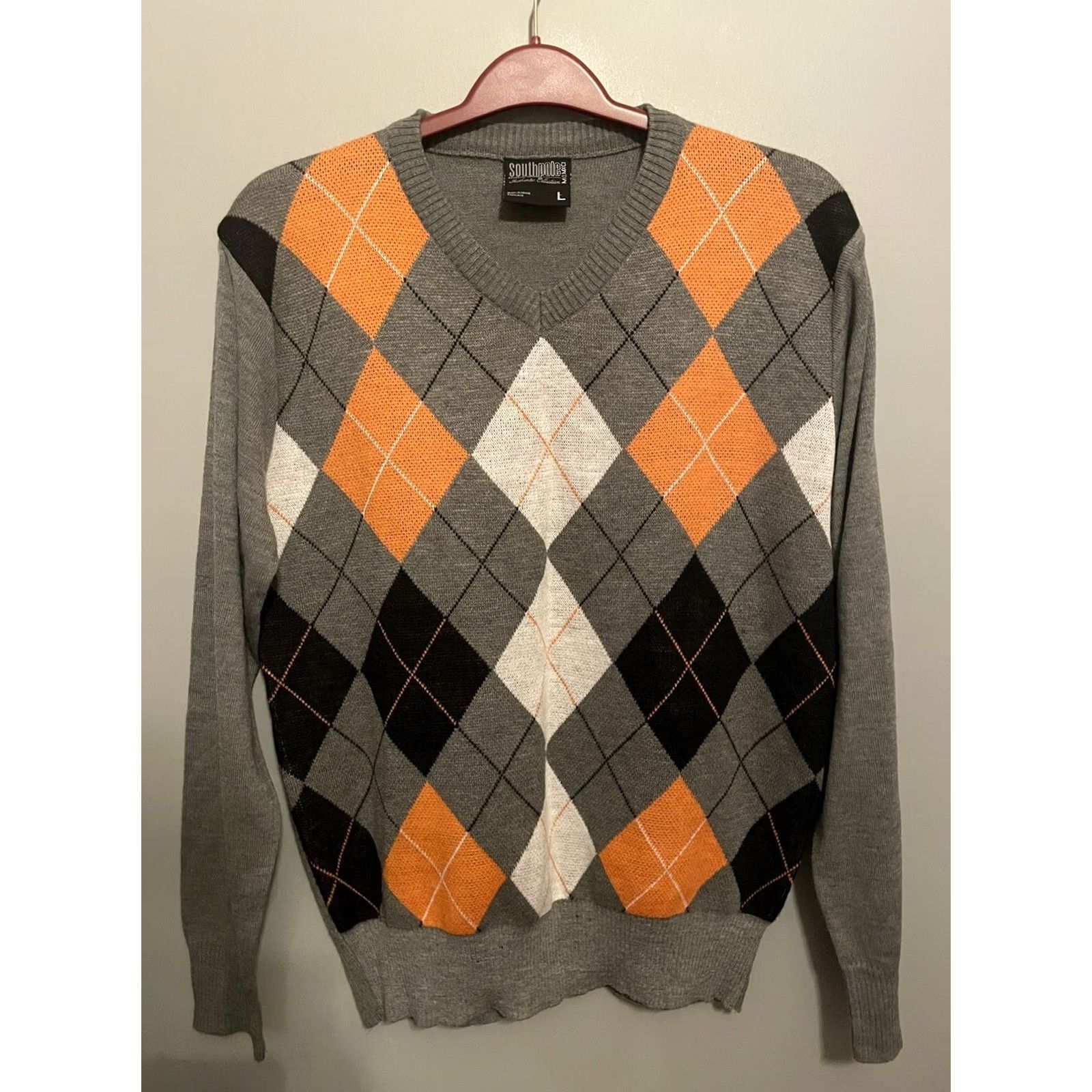 Southpole VINTAGE Southpole Sweater Mens Argyle Print Pullover V-Neck Size L Orange Grey Knit Cotton Long Sleeve Retro 90s Mens Size US XXL / EU 58 / 5 - 2 Thumbnail