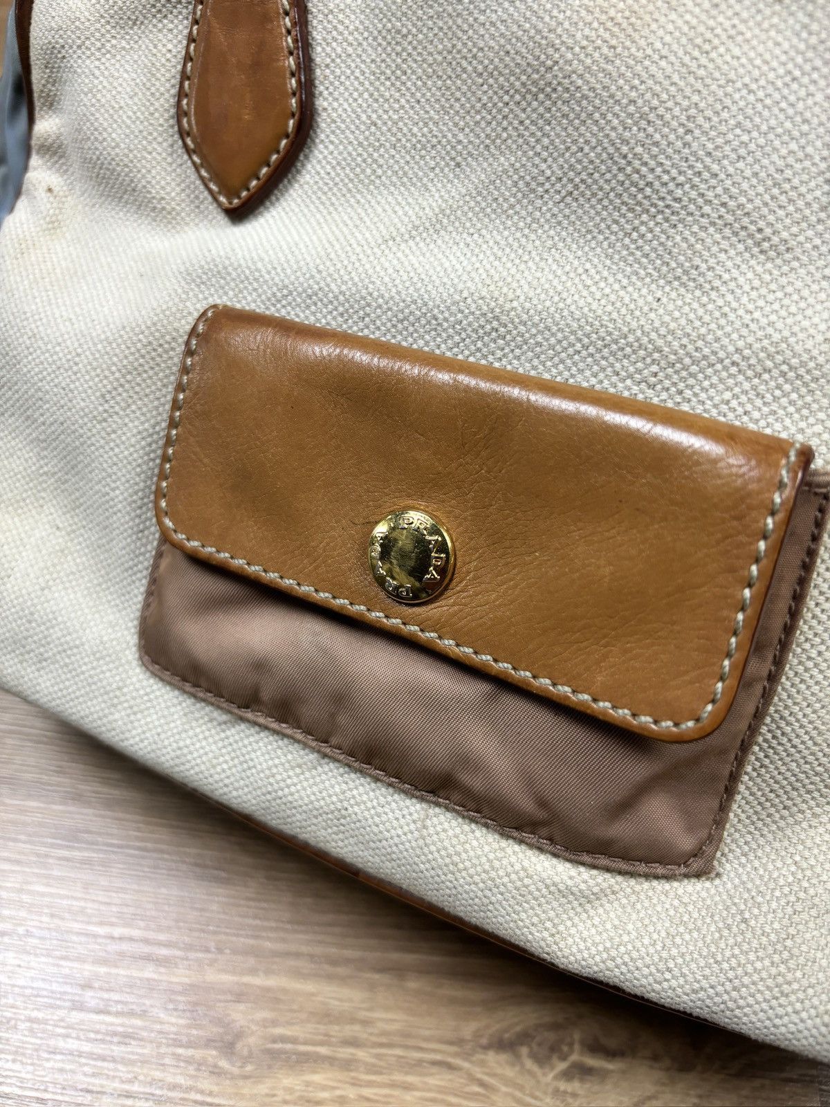 Prada Prada Beige Canvas & Brown Leather Shoulder Bag Size ONE SIZE - 7 Thumbnail