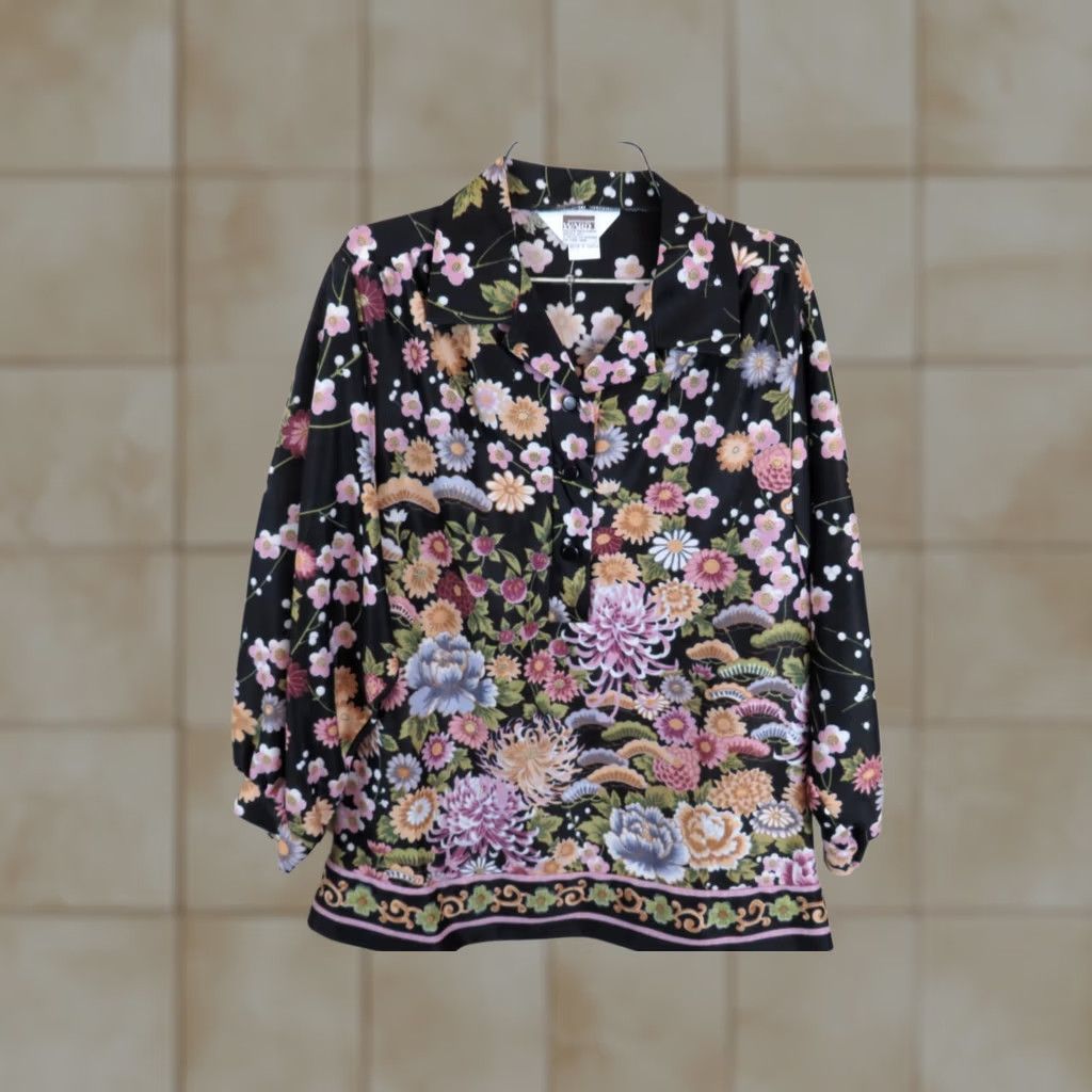 Vintage VINTAGE Black Floral Shirt top 11/12 1980's polyester Mongomery Wards Size L / US 10 / IT 46 - 1 Thumbnail