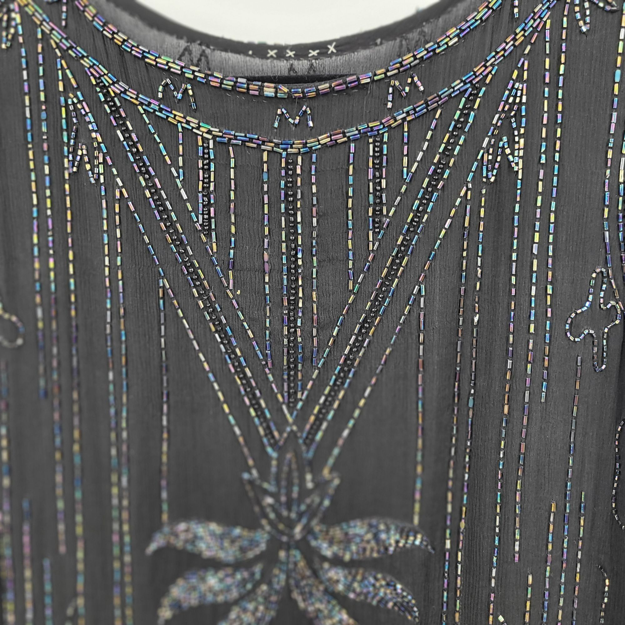 Vintage Vtg 80s Does 20s Black Oil Slick Beaded Silk Flapper Dress S Size M / US 6-8 / IT 42-44 - 9 Thumbnail