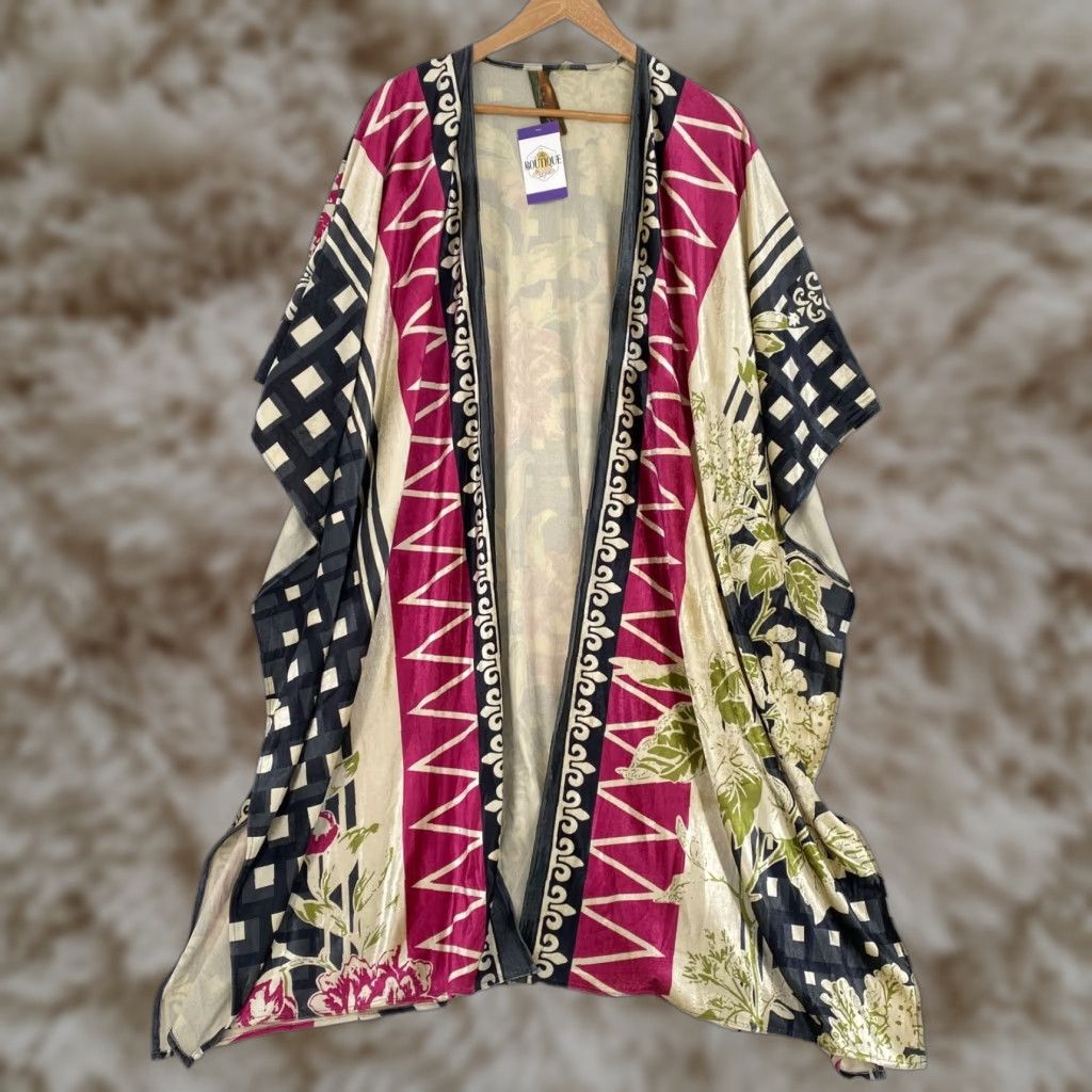 VINTAGE Aratta Silent Journey Boho Kimono Dress Multicolor Floral Velvet Long Coat Womens OSFM