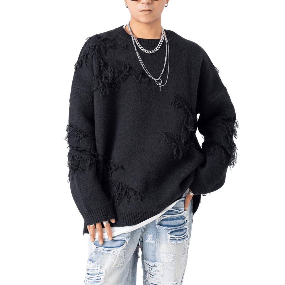 Coloured Cable Knit Sweater × Streetwear Black Distressed Knit  