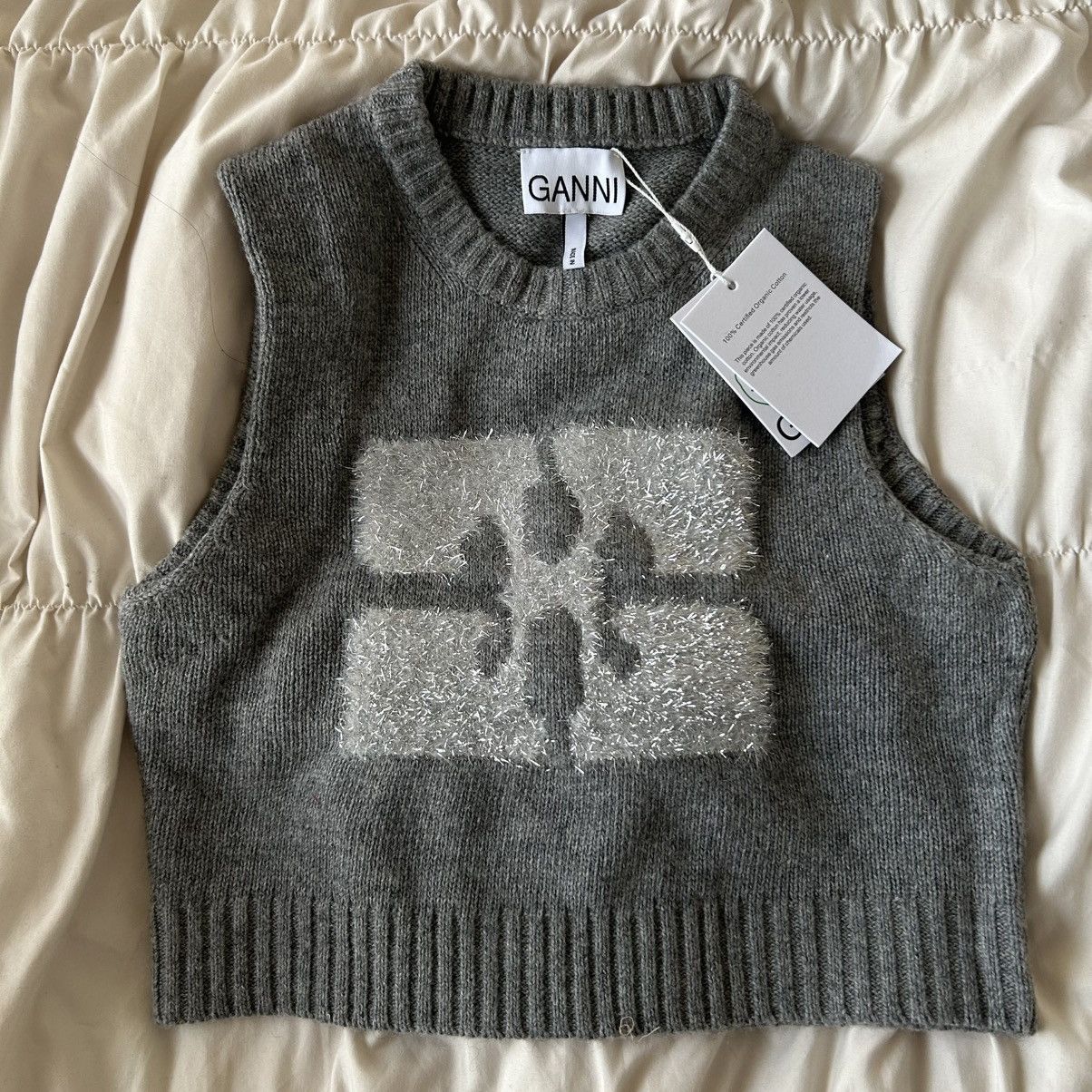 Ganni Ganni Gray Sleeveless Cropped Knit Top with Logo Pattern Size S / US 4 / IT 40 - 2 Thumbnail