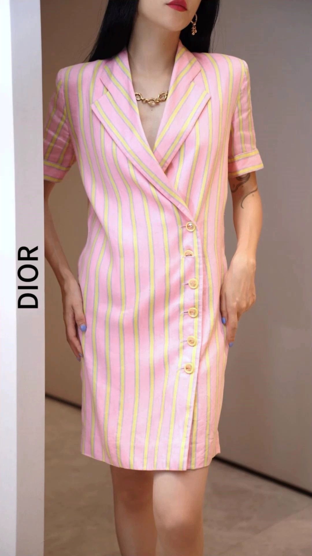 Christian Dior Monsieur Dior Vintage Pink Striped Cotton-Linen Dress Size M / US 6-8 / IT 42-44 - 1 Thumbnail