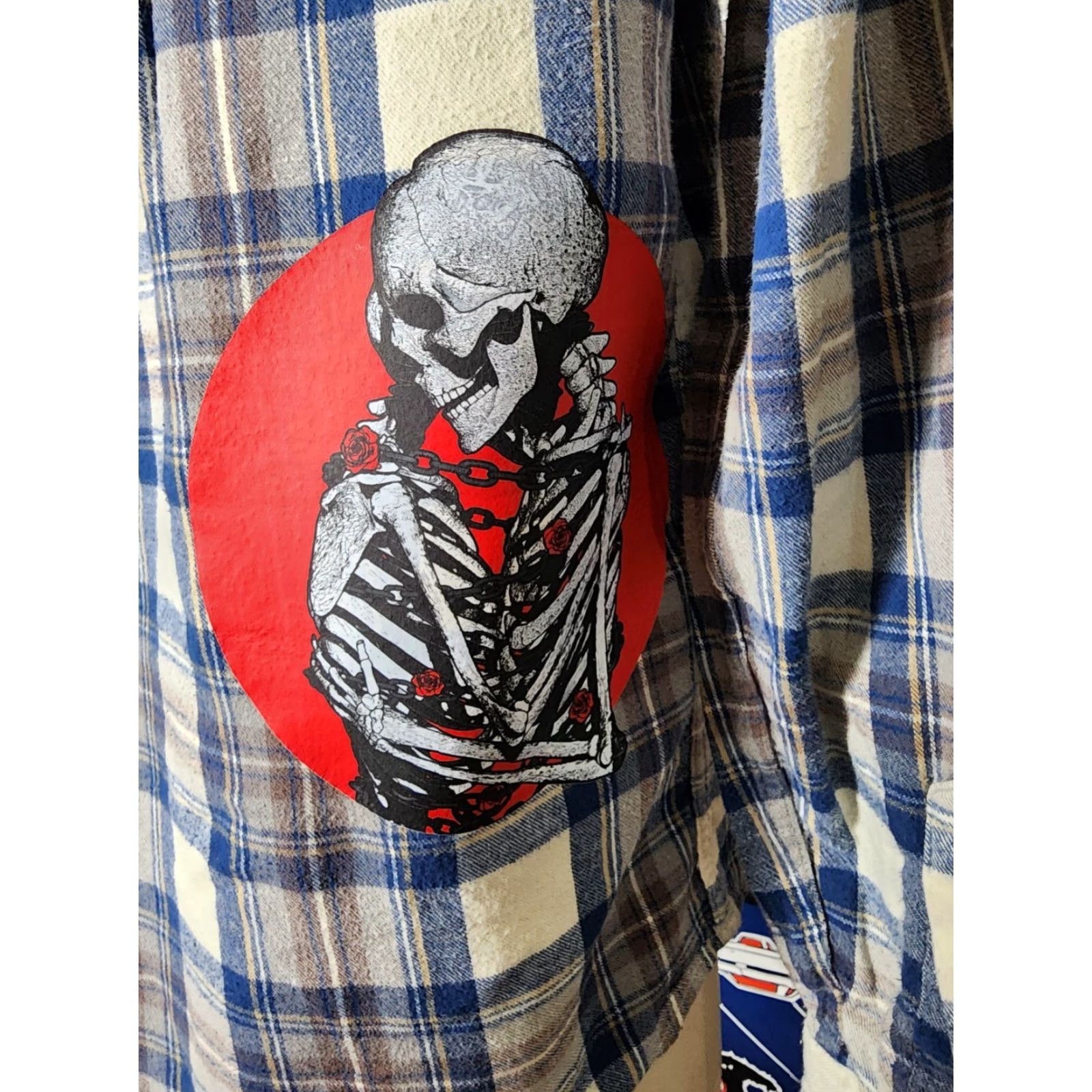 Vintage VINTAGE L.L.Bean Shirt Mens M Halloween Flannel Upcycled Skeleton Heart Beig e Distressed 80s 90s Graphic Print Buttons Rock Music Theme Mens Size US M / EU 48-50 / 2 - 5 Thumbnail