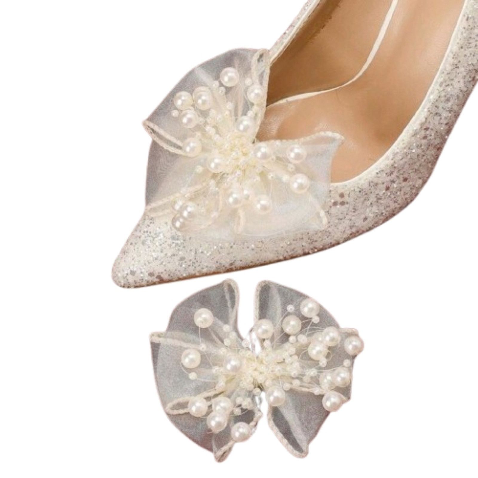 Other ELEGANT ☆ CREAM ORGANZA BOWS with PEARLS ☆ SHOE CLIPS ☆ NIP Size US 4 / IT 34 - 5 Thumbnail