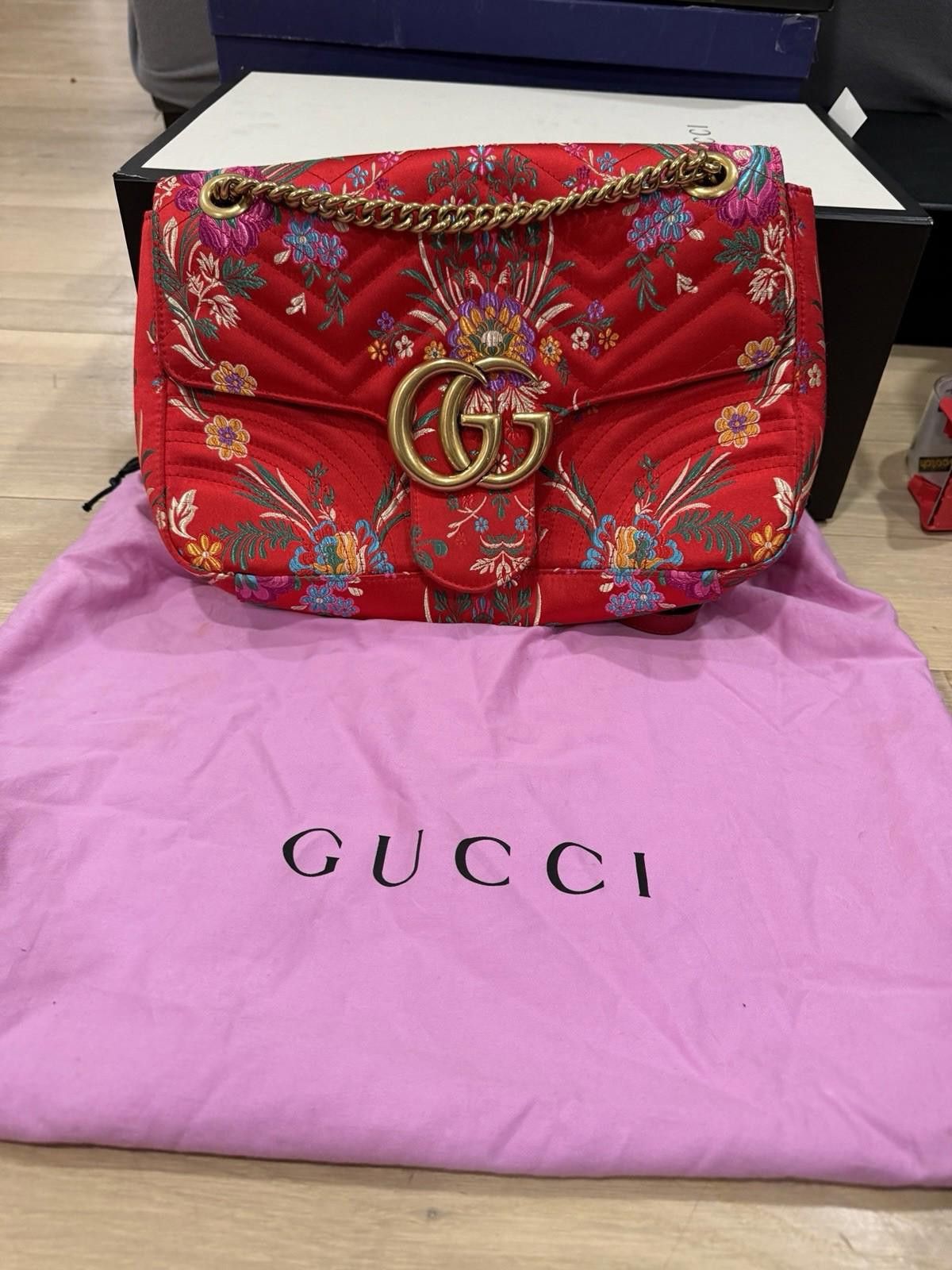 Gucci Gucci GG Marmont Medium Red Matelasse Satin Shoulder Bag Size ONE SIZE - 1 Thumbnail