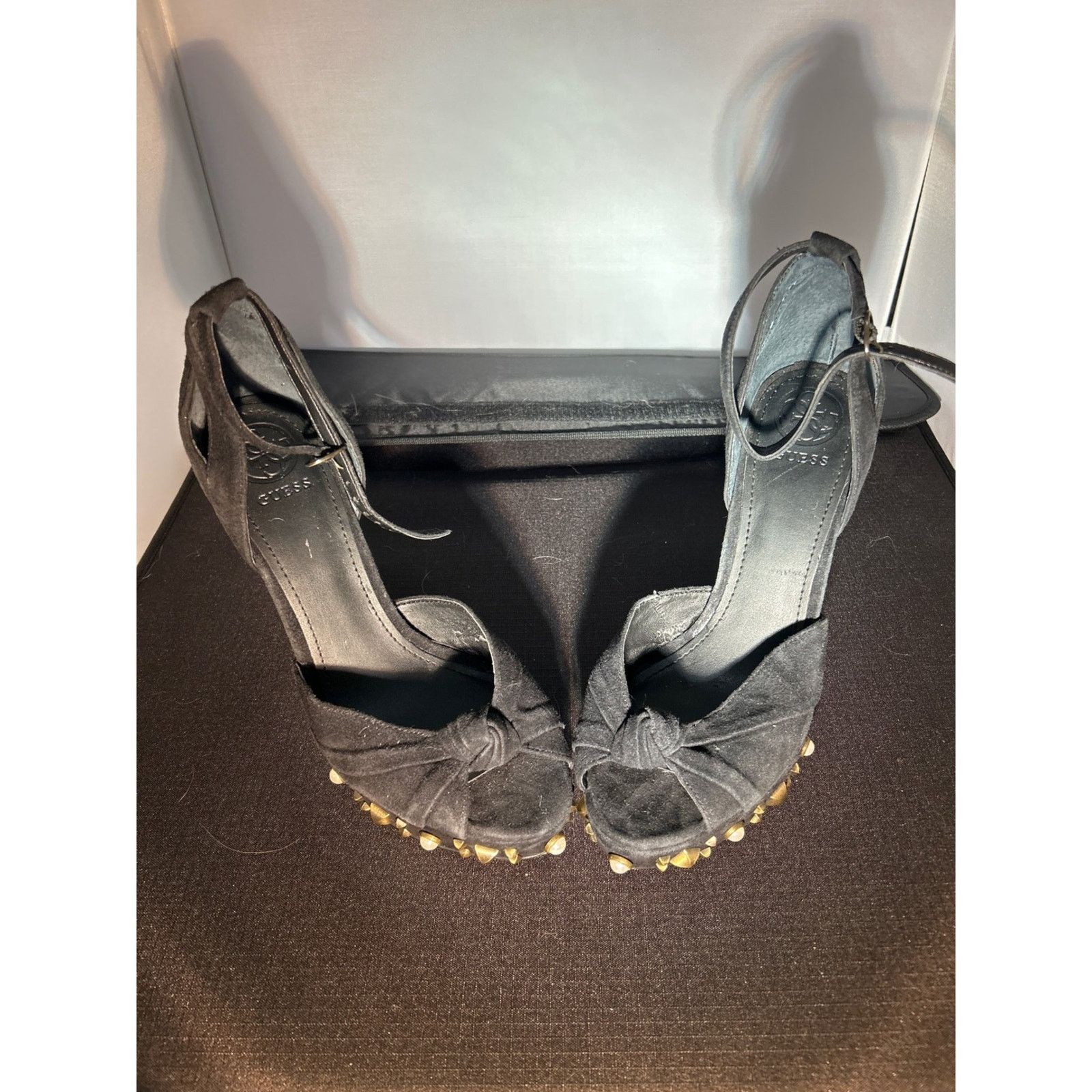 Guess Guess Black Suede Studded Platform Heels Knot Peep Toe 8M Size US 8 / IT 38 - 1 Thumbnail