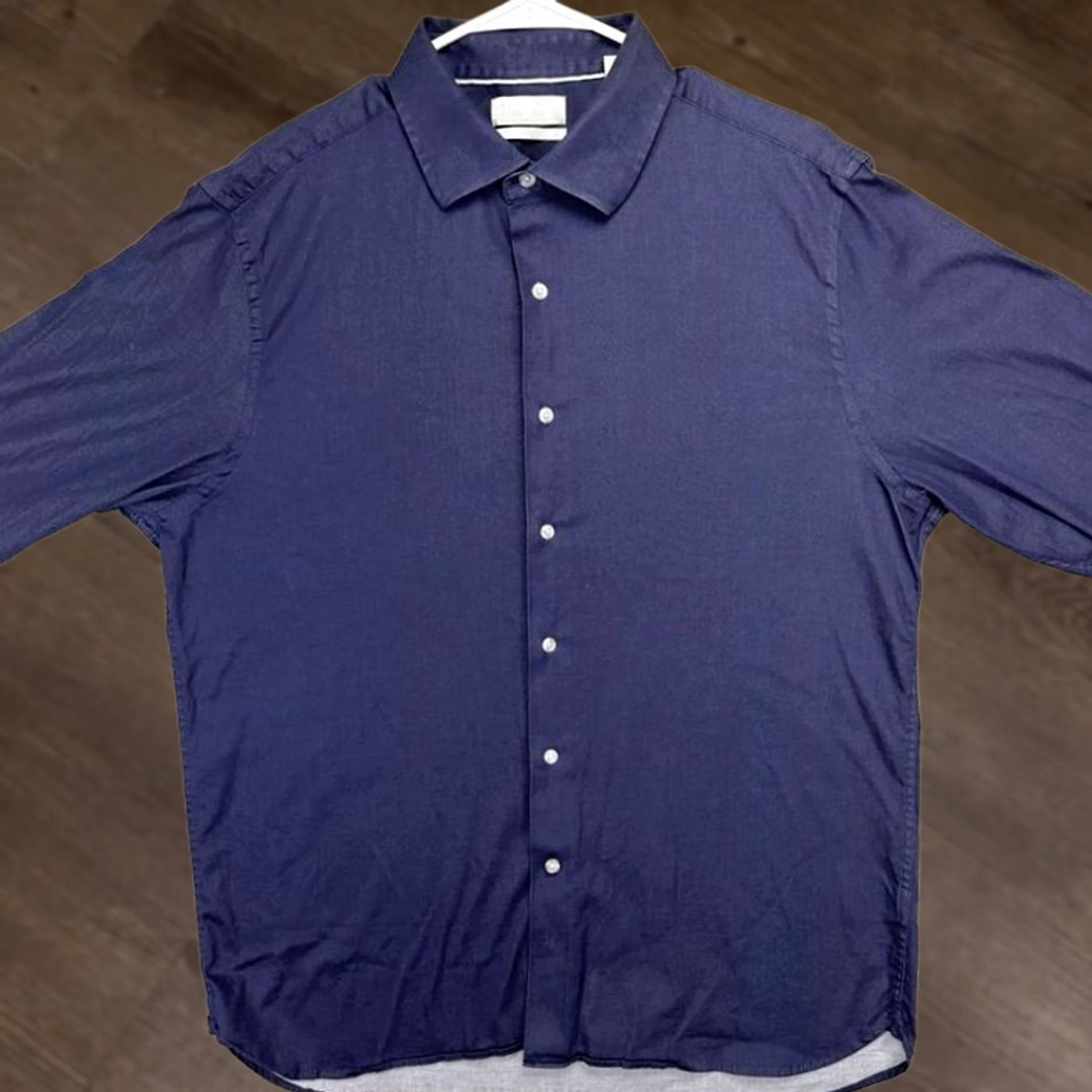 Vintage Hickey Freeman Dress Shirt Mens 17-17.5 Navy Blue Classic Fit Button Up Stretch Breather Easy Care Long Sleeve Barrel Cuff Solid Casual Workwear Shirt Size 46R - 1 Thumbnail