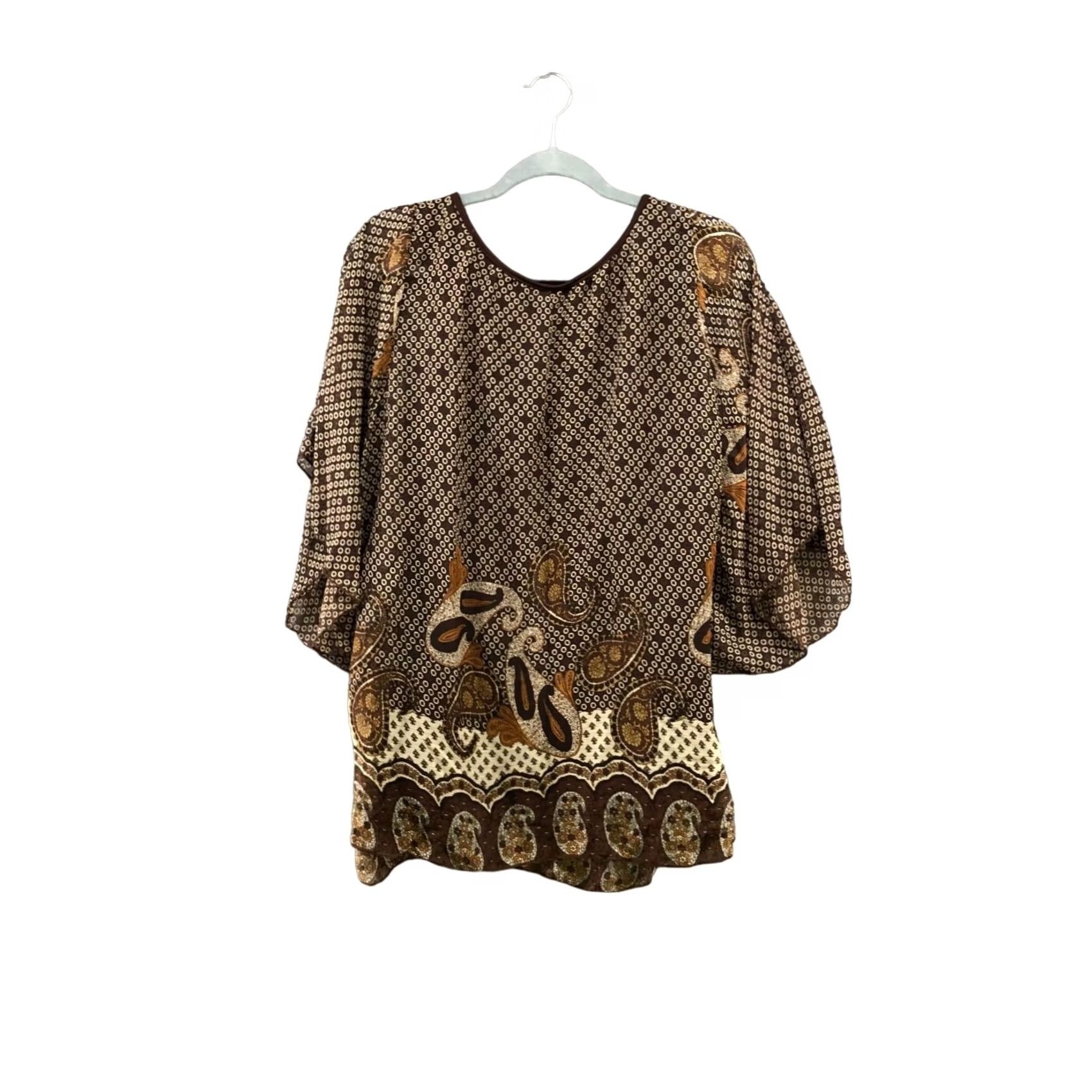 Vintage NWT C.O.C. Womens Brown Paisley Print Blouse Dolman Sleeve Tie Waist 1XL Bohemian Shirt Womens Plus Size 1X Size XL / US 12-14 / IT 48-50 - 2 Thumbnail