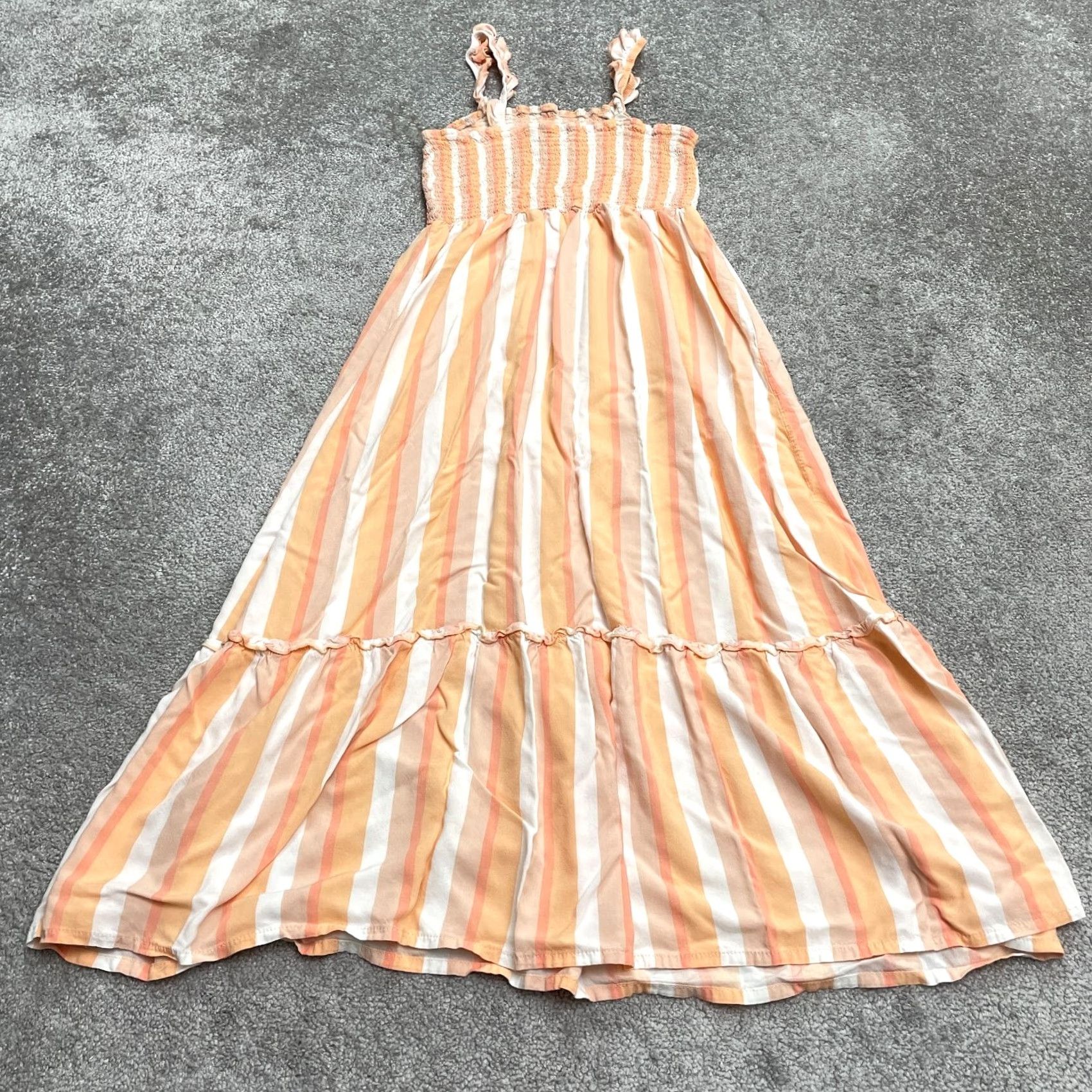 Vintage Coco And Shay Maxi Dress Juniors XL Orange White Striped Smocked Ruffles Sleeveless Viscose Rayon Beach Summer Women's Clothing Size XL / US 12-14 / IT 48-50 - 2 Thumbnail