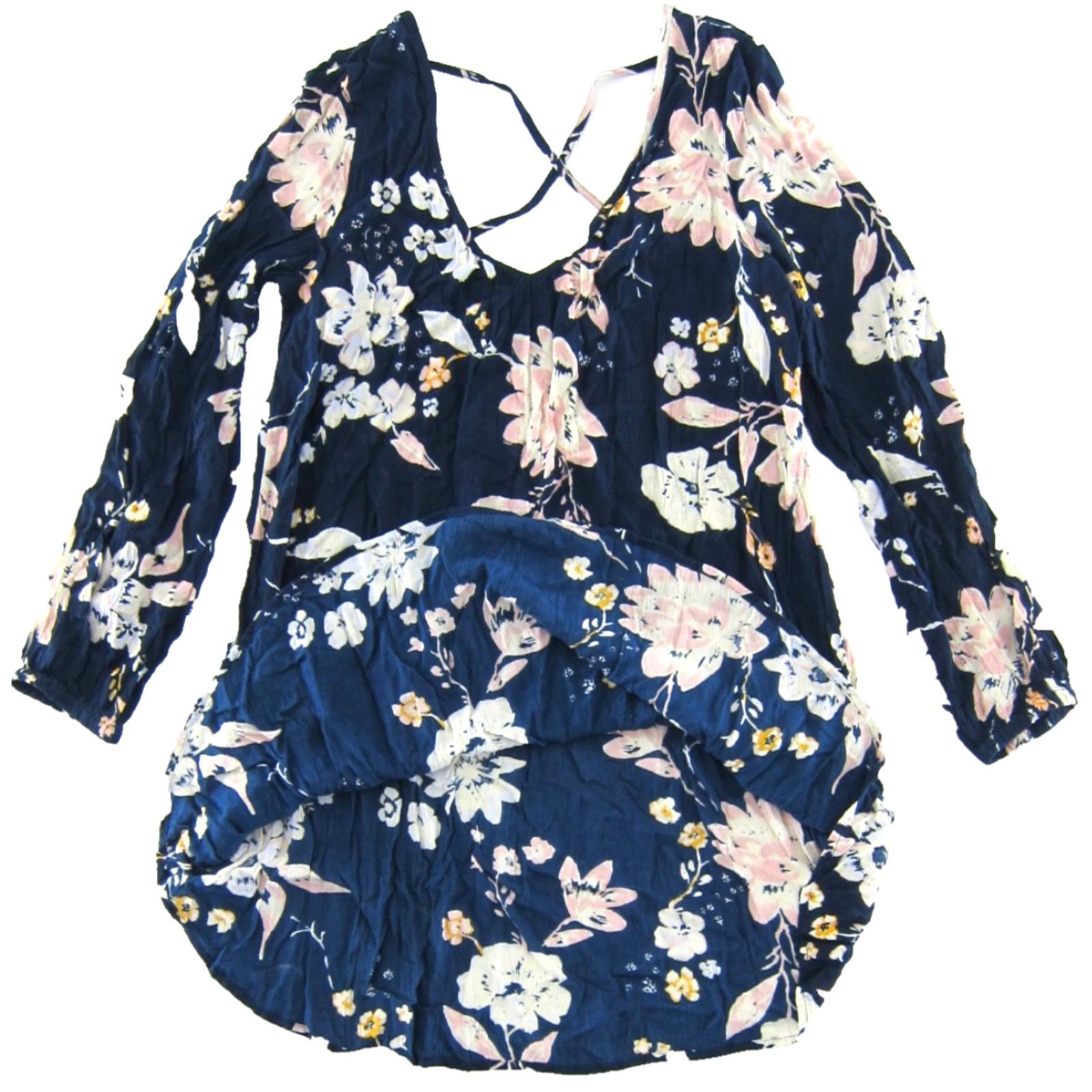 Billabong Dress 100% Rayon Floral Tunic Smock Long Sleeve Smock Dress Small  Women Blue Pink Yellow