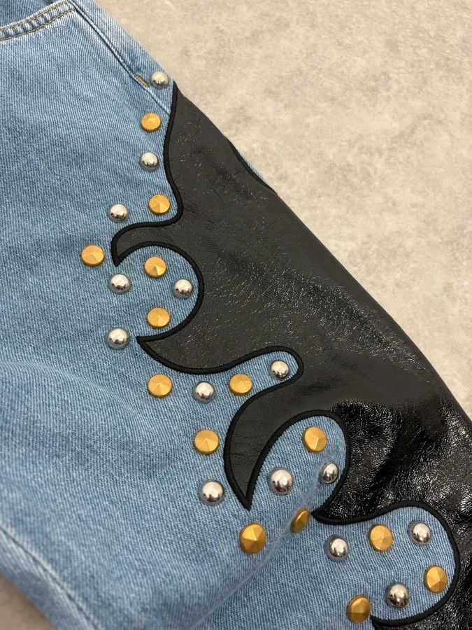 Moschino 1990s Moschino Blue Denim & Black Leather Jeans Size US 39 - 9 Thumbnail
