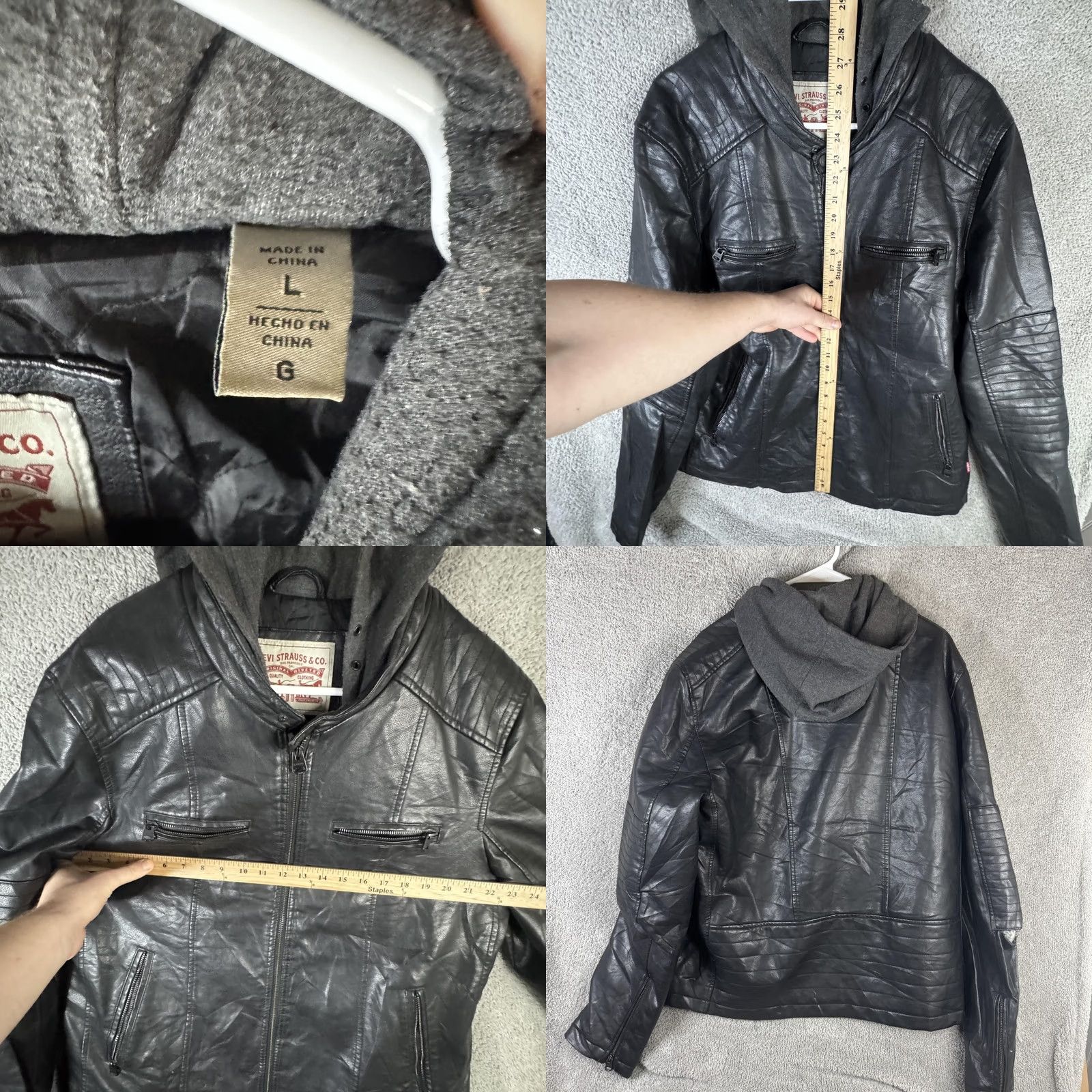 Levi's Levi's Jacket Mens Large Black Faux Leather Hooded Moto Full Zip Quilted Lined Size US L / EU 52-54 / 3 - 8 Thumbnail
