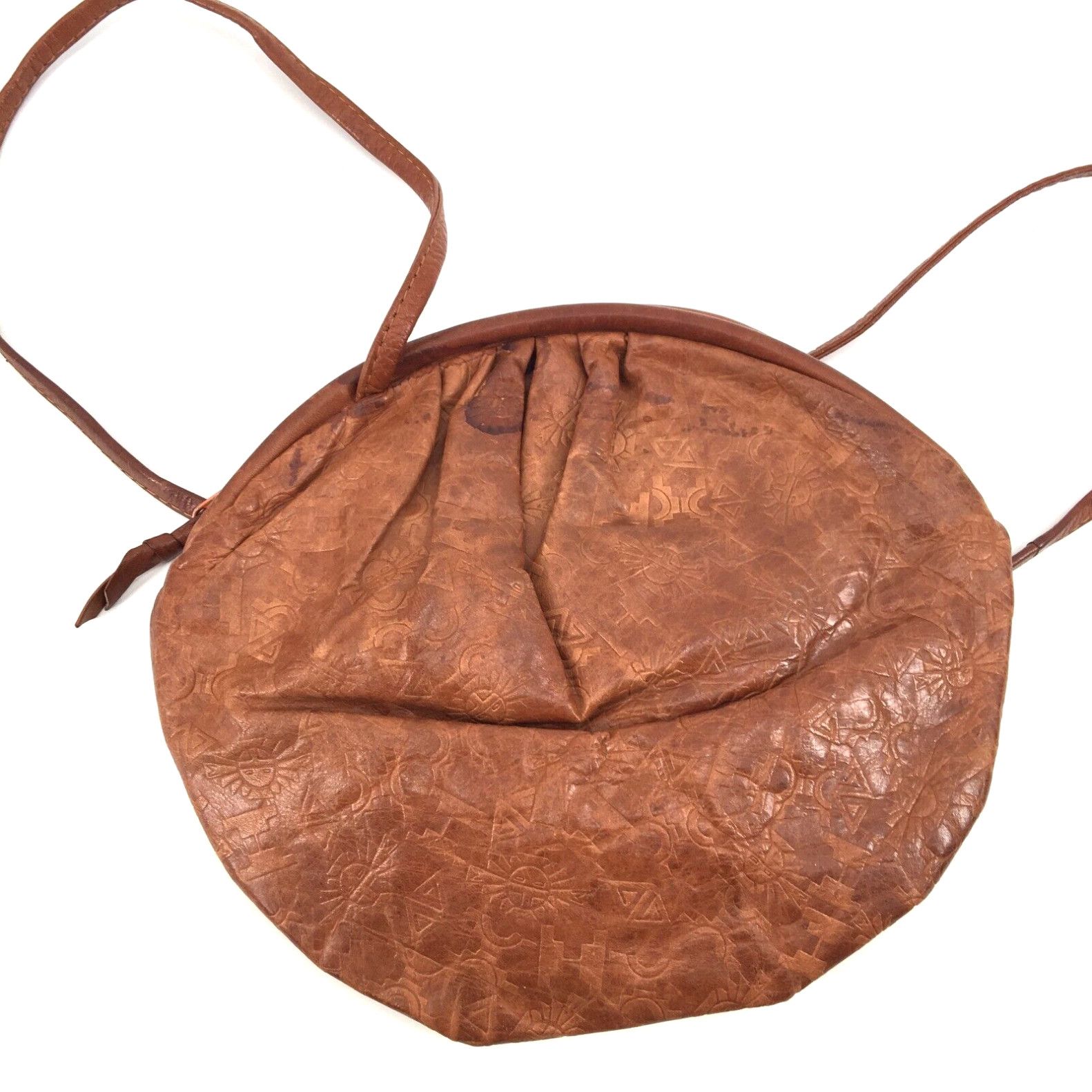 image of Vintage Round Embossed Leather Bag Purse Brown Aztec Southwest Boho10" X 8.5" in White, Women's