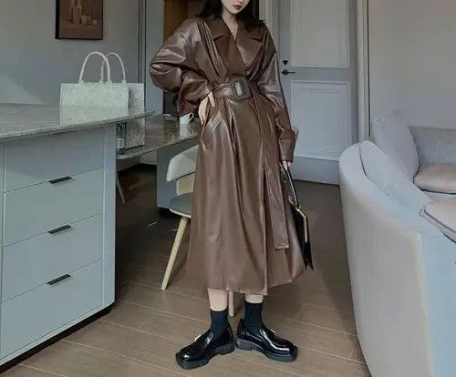 VIBE Retro brown design pu leather loose coat Size M / US 6-8 / IT 42-44 - 4 Thumbnail