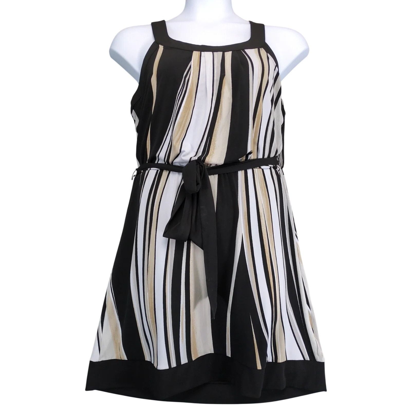 White House Black Market WHBM Striped Blouson Sleeveless Mini Dress Sz L Stretch Belt Size L / US 10 / IT 46 - 1 Thumbnail