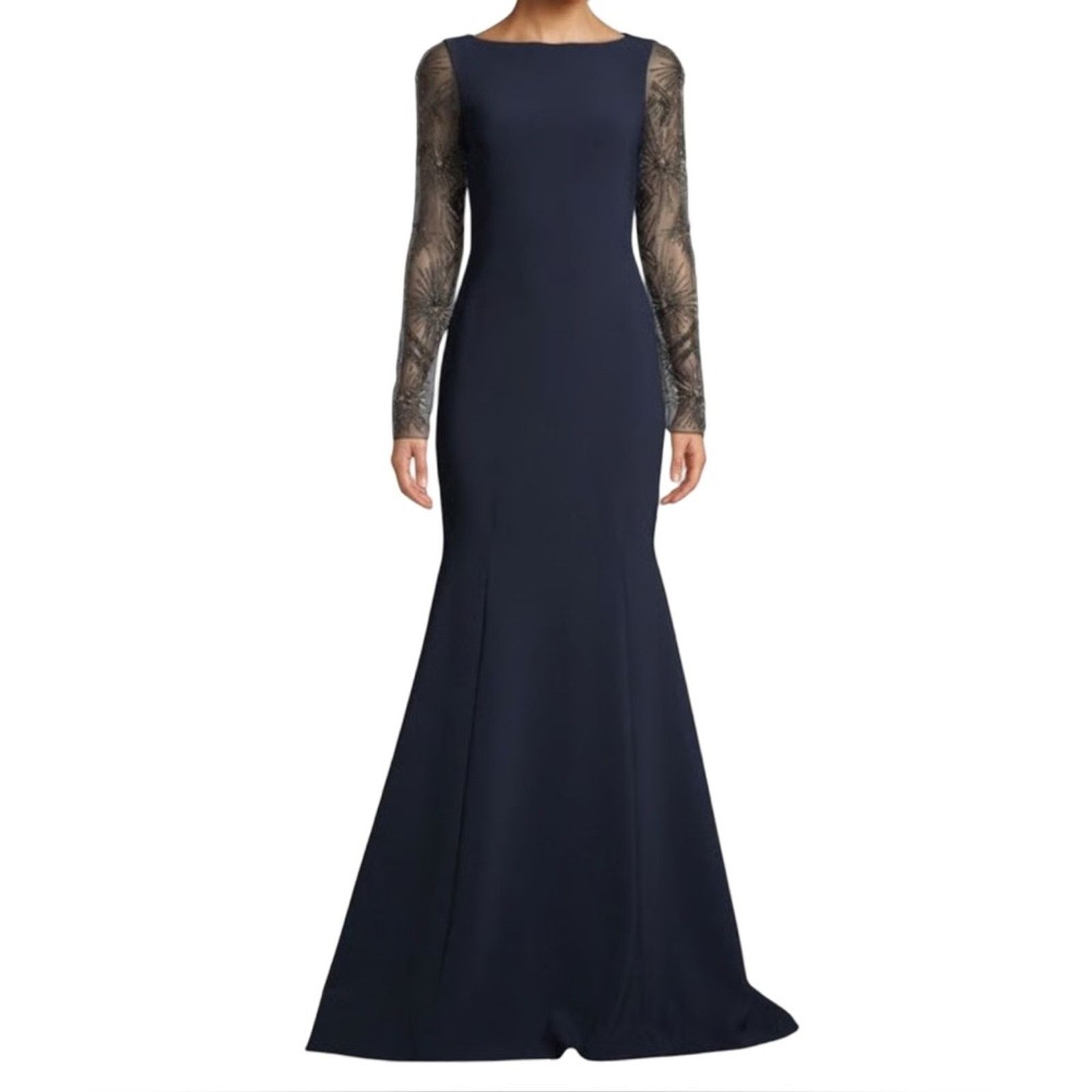 Theia Blue Lace Jeweled Long Sleeve Boat Neck Gown sz 8 NEW
