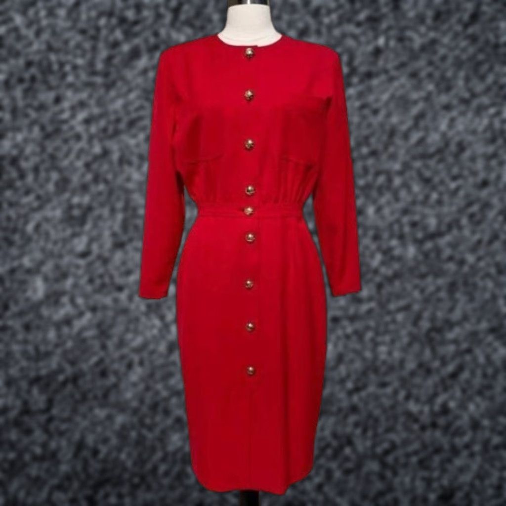 Valentino VINTAGE Valentino Miss V Red Wool Gold Button Front Dress 10 Women Pencil Dress Sheath Knee Length Modest 90s Mens? Size L / US 10 / IT 46 - 1 Thumbnail
