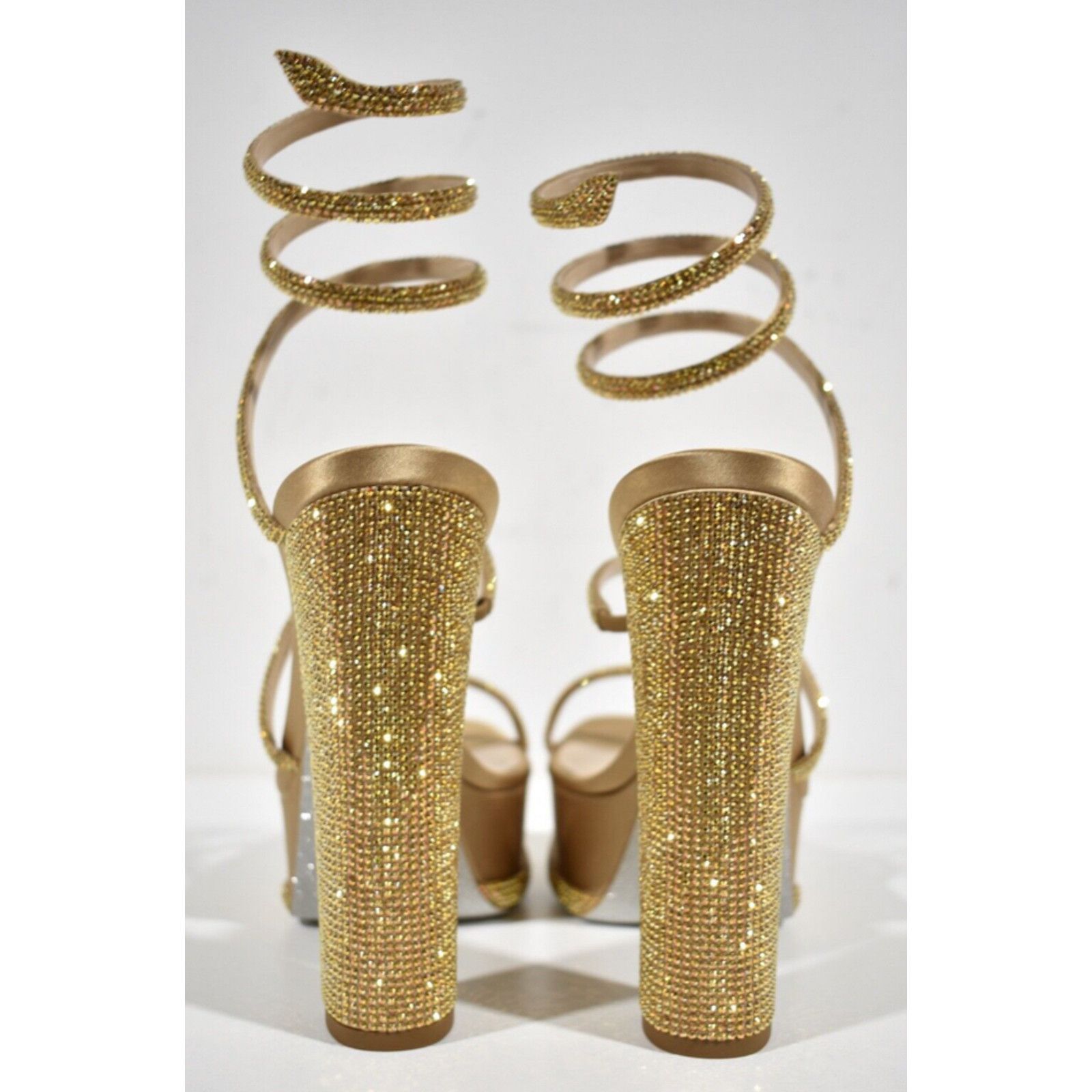Rene Caovilla Cleo Gold Platform Wrap Strap Sandal Block Heel Pump 38 Size US 8 / IT 38 - 11 Thumbnail