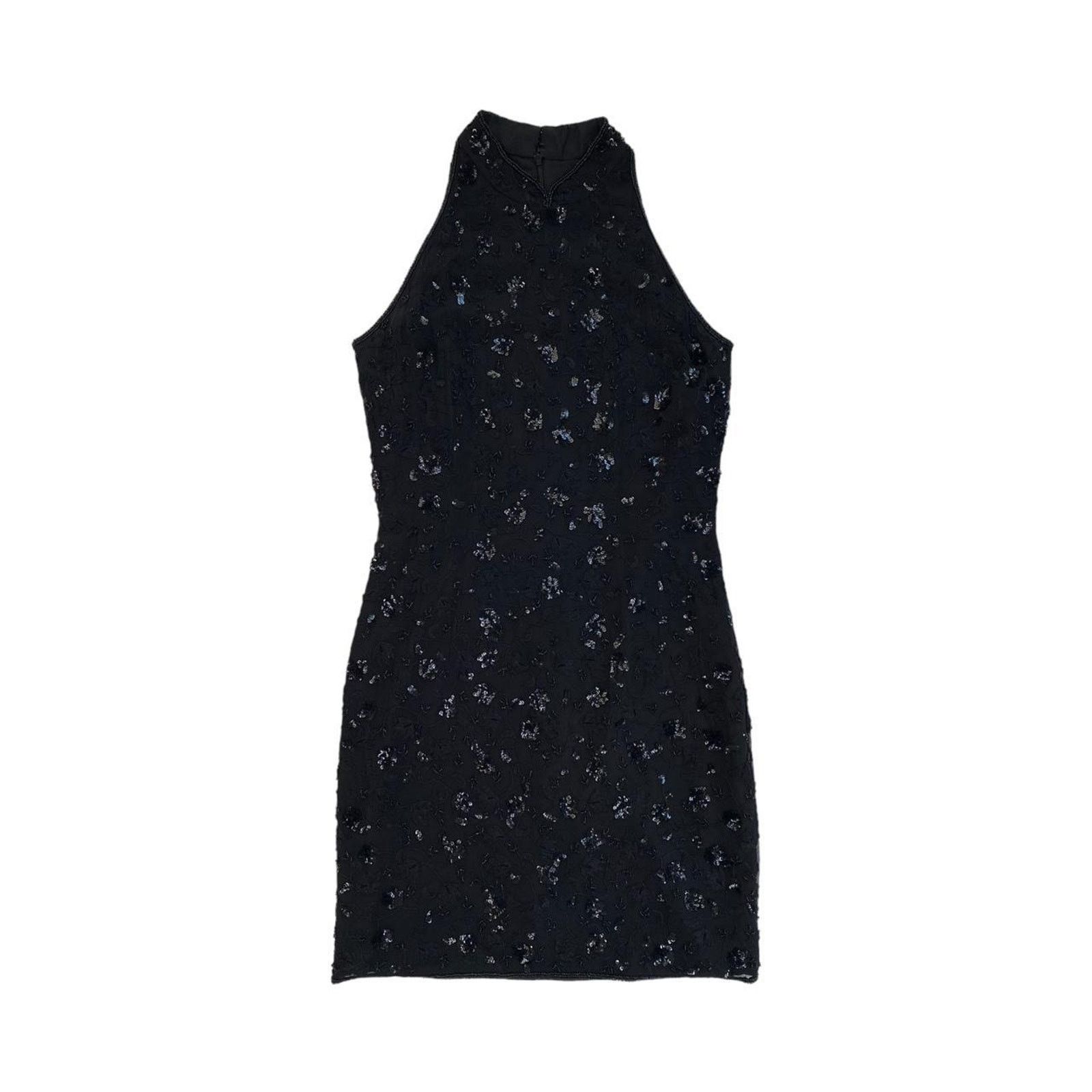 Other Black Floral Embroidered Beaded Silk Mini Halter Dress Size M / US 6-8 / IT 42-44 - 2 Thumbnail