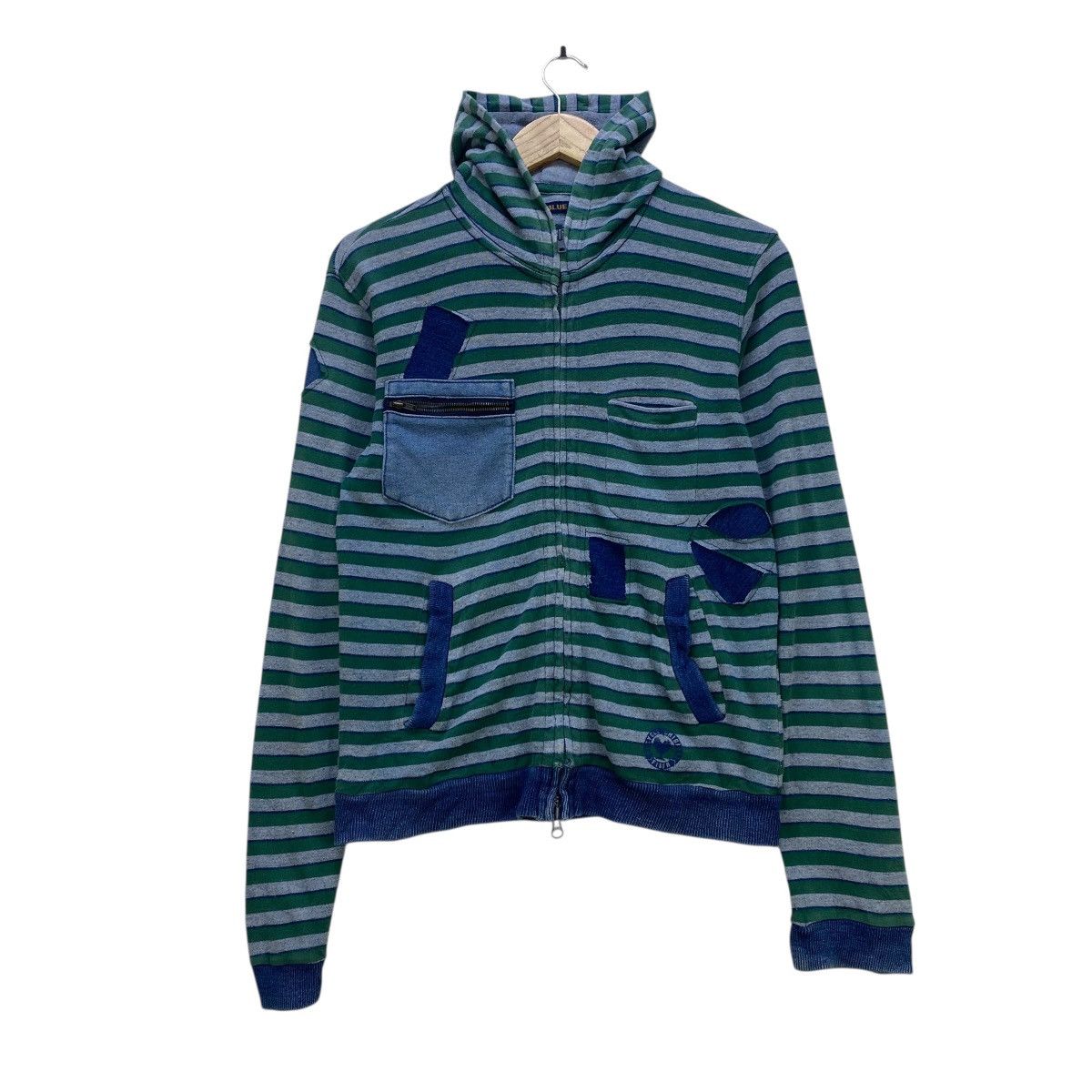 Blue Blue Japan 💥Vintage Blue Blue Japan Stripe Pachtwork Hoodie Size US M / EU 48-50 / 2 - 1 Thumbnail