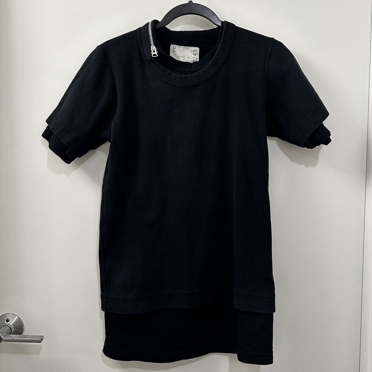 image of Sacai Double Layer Black Zipped Crewneck Tee - Size 1, Men's