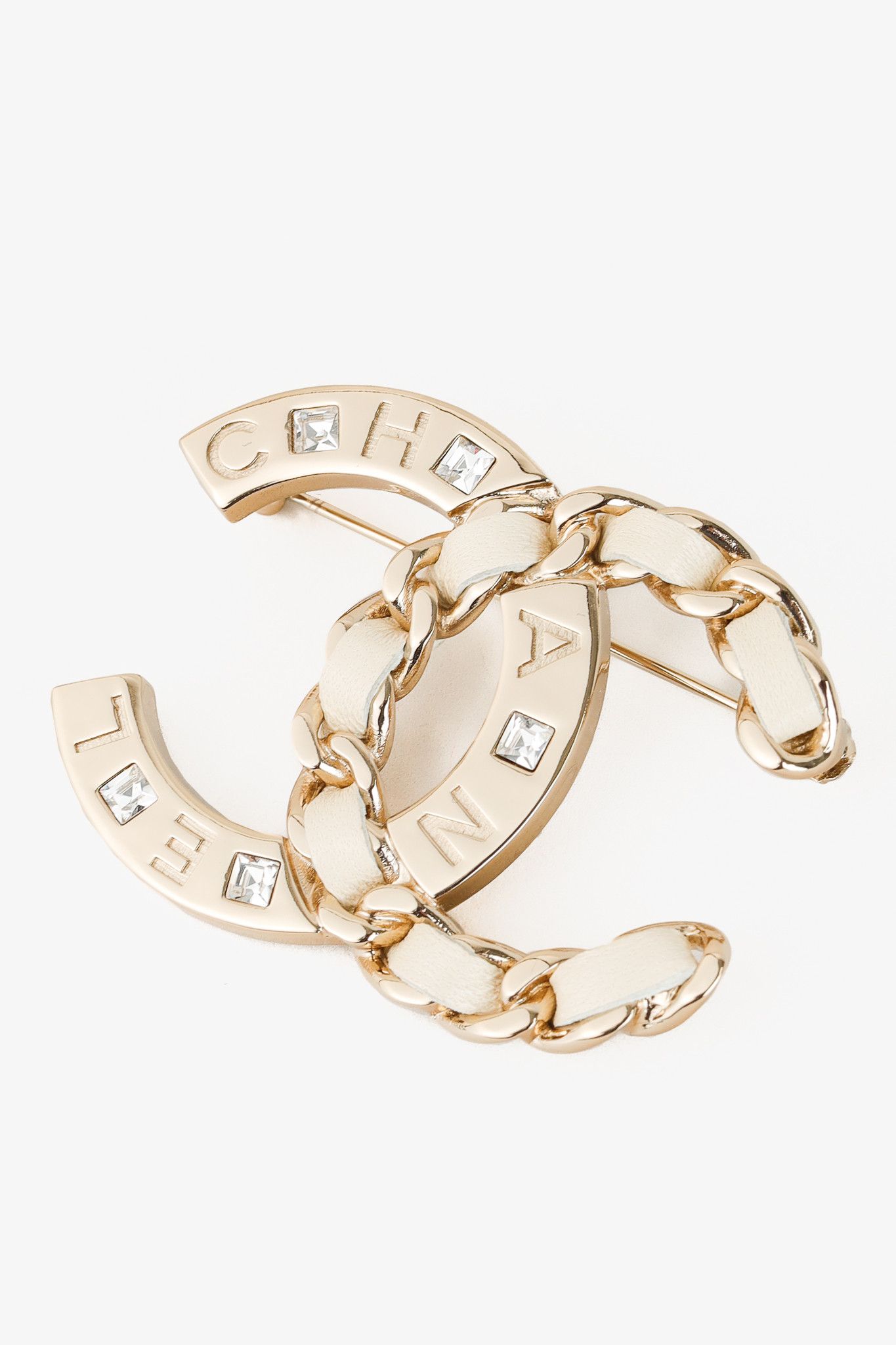 Chanel Half Chain Woven Champagne CC Brooch