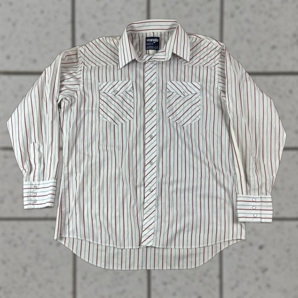Wrangler VINTAGE Wrangler Pearl Snap Shirt Western Men XL White Long Sleeve Pinstripe 17-35 X Long Tails Yellowing Size US XL / EU 56 / 4 - 1 Thumbnail