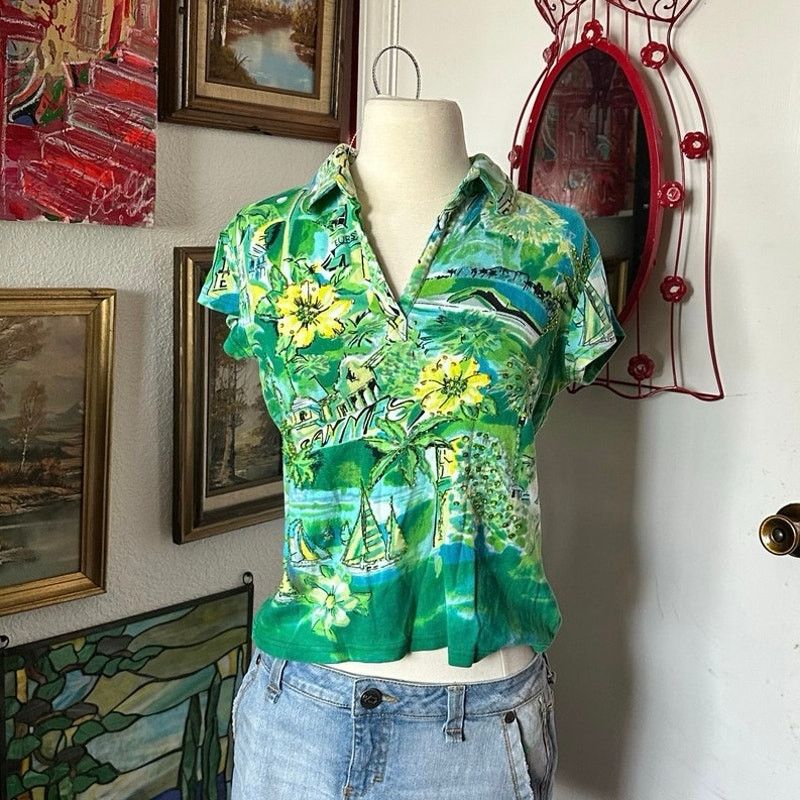 Other bila green floral polo print shirt Size L / US 10 / IT 46 - 1 Thumbnail