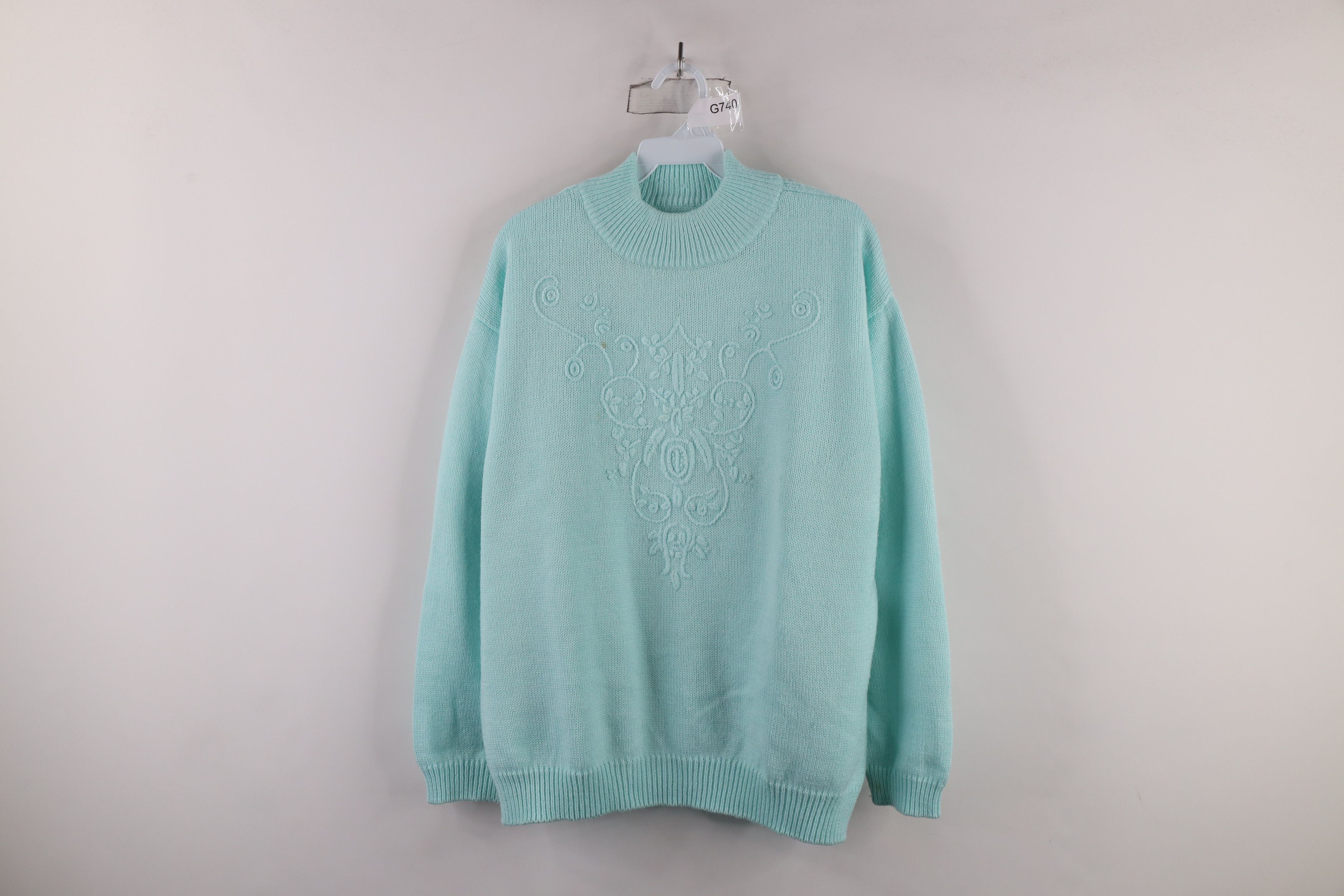 Vintage Vintage 90s Streetwear Flower Knit Mock Neck Sweater Blue Size XL / US 12-14 / IT 48-50 - 1 Thumbnail
