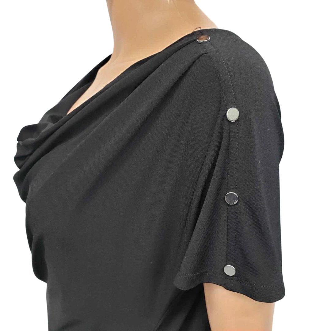 White House Black Market WHBM Button Shoulder Tunic Dress M Drape Ruched Black Size M / US 6-8 / IT 42-44 - 4 Thumbnail