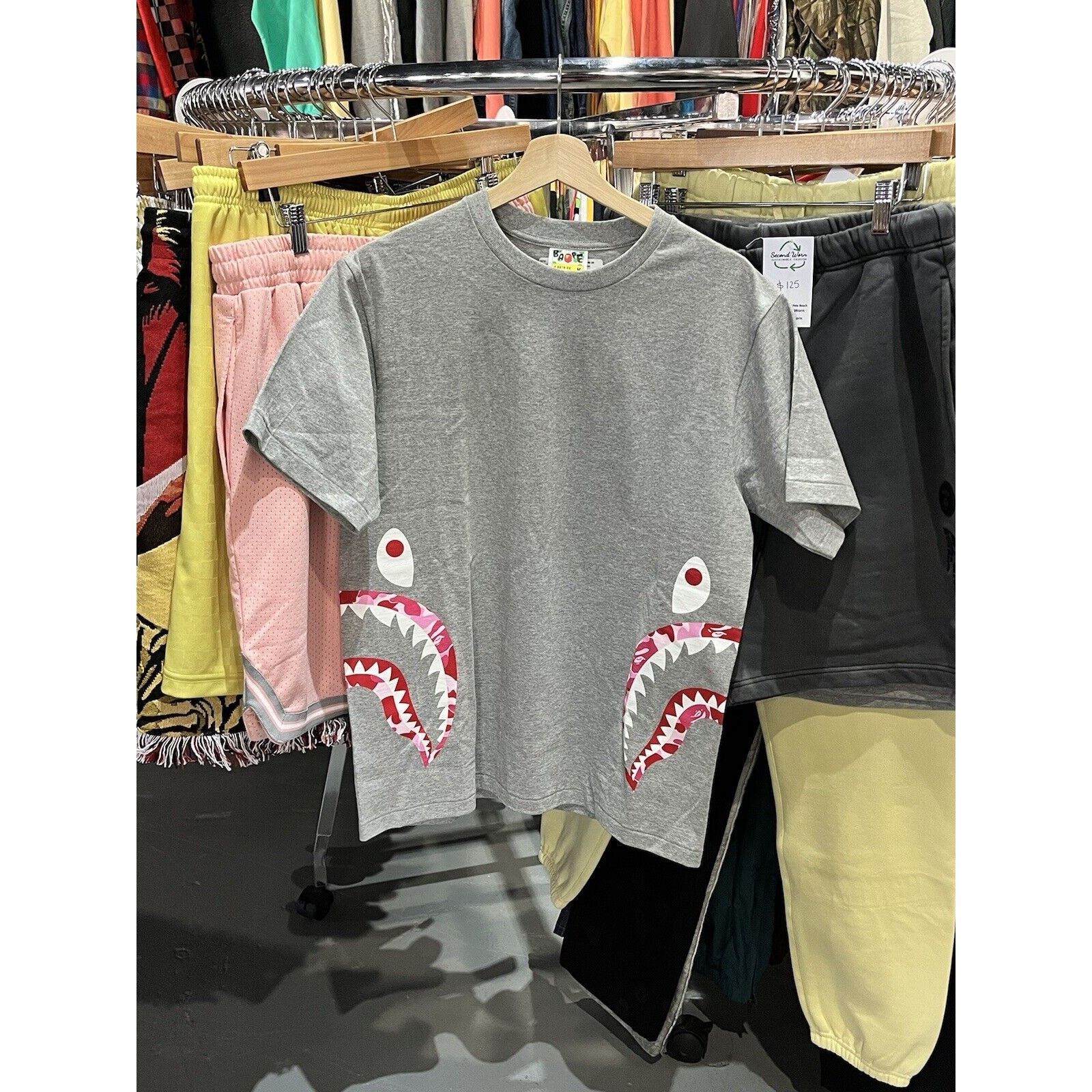 A Bathing Ape BAPE Shark Tee Grey/Pink T-Shirt Size Medium