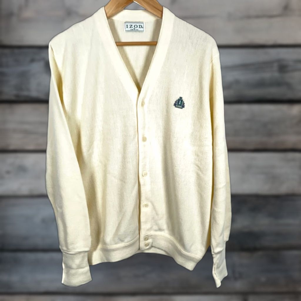 Izod VINTAGE IZOD Cardigan Sweater Mens XL Ivory Lightweight Knit 70s 80s 90s Dad Hipster Retro Embroidered USA Made Size US XL / EU 56 / 4 - 1 Thumbnail