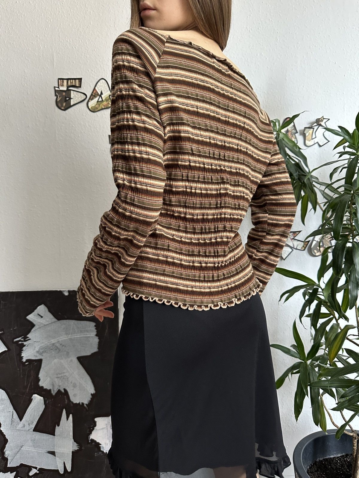 Beauty Beast × Japanese Brand Boho Crop Scrunchy Stripe Bell Sleeve Shouldered Top Size ONE SIZE - 7 Thumbnail