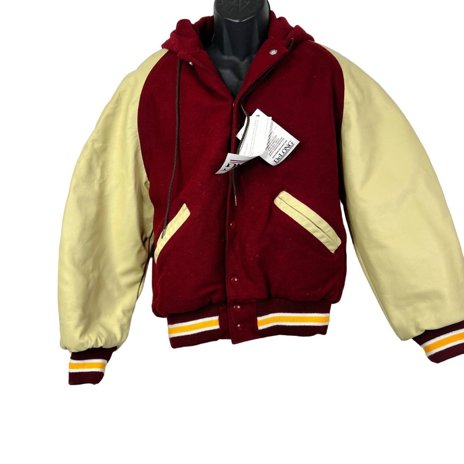 image of Vintage Delong Sz. M Varsity Letterman Hooded Jacket NWT in Red, Men's (Size Medium)