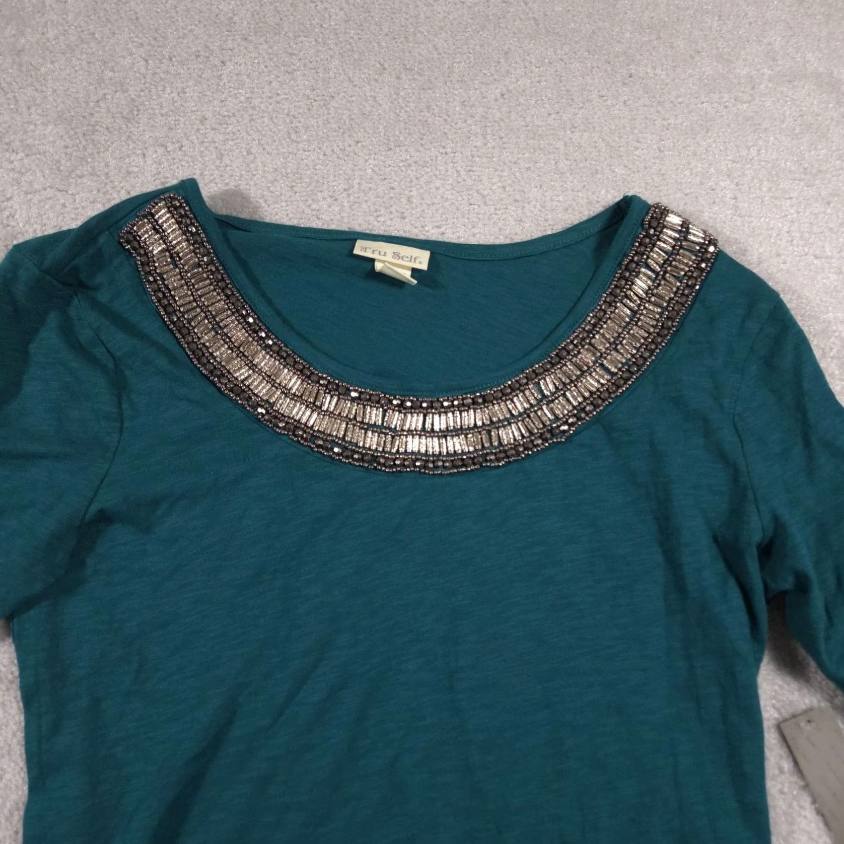 Altea Tru Self Shirt Womens Small Teal Blue Beaded Embellished Neck Short Sleeve Top Size S / US 4 / IT 40 - 3 Thumbnail